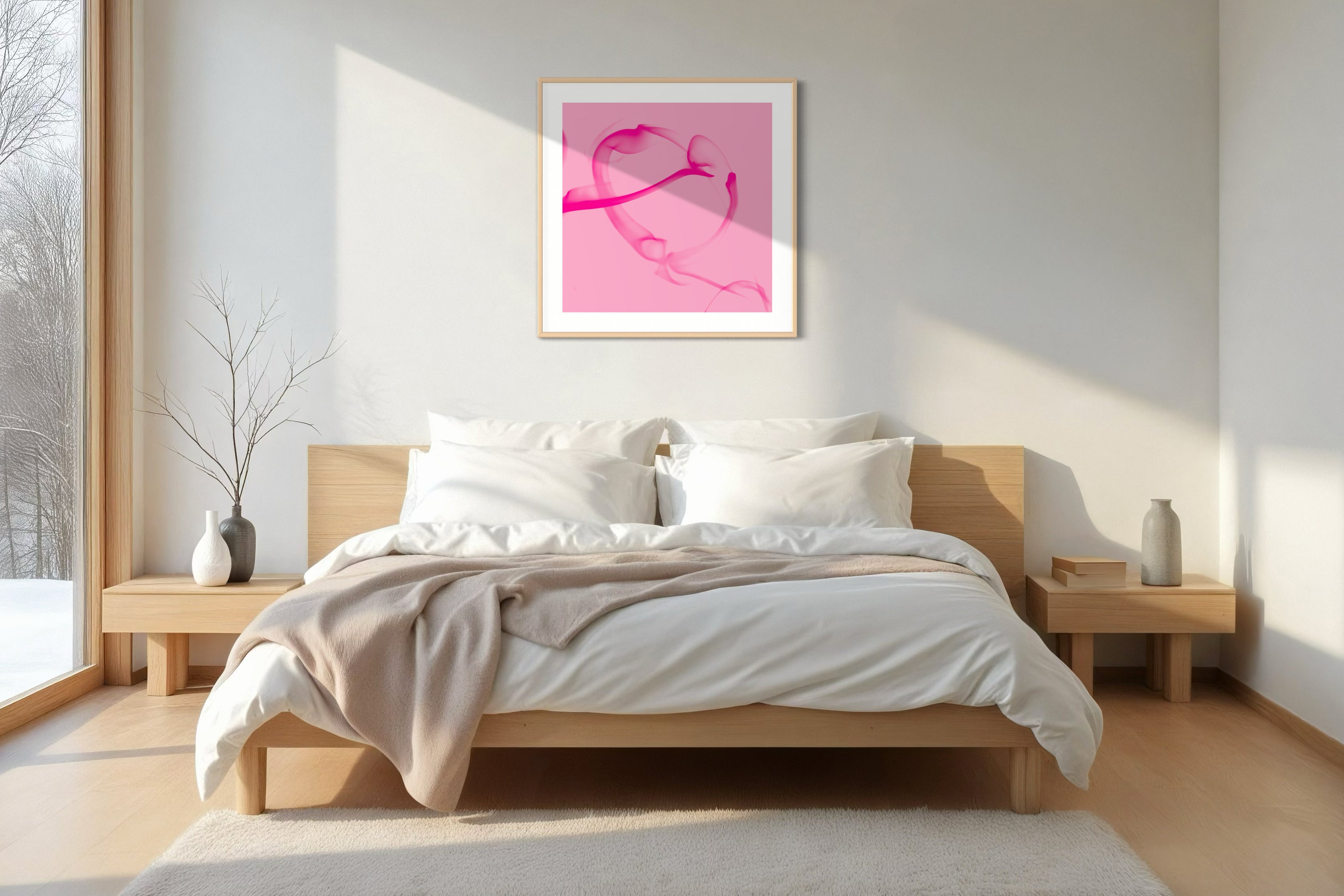 abstract pink heart on pink background in tan frame with white matte on wall in modern Scandinavian bedroom 