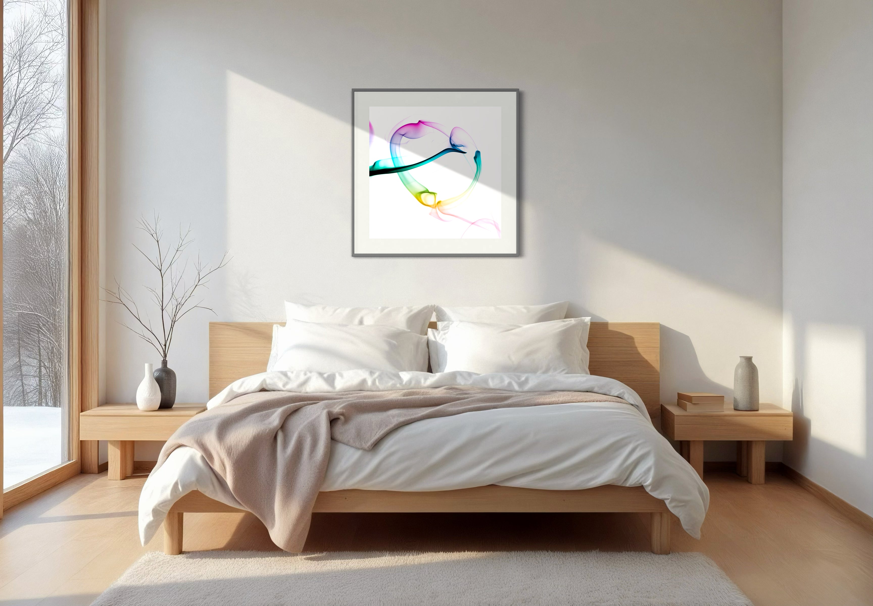 abstract heart in pink, green, gold, teal, red on white background in dark gray frame with light gray matte on light gray wall above bed in modern minimalist bedroom