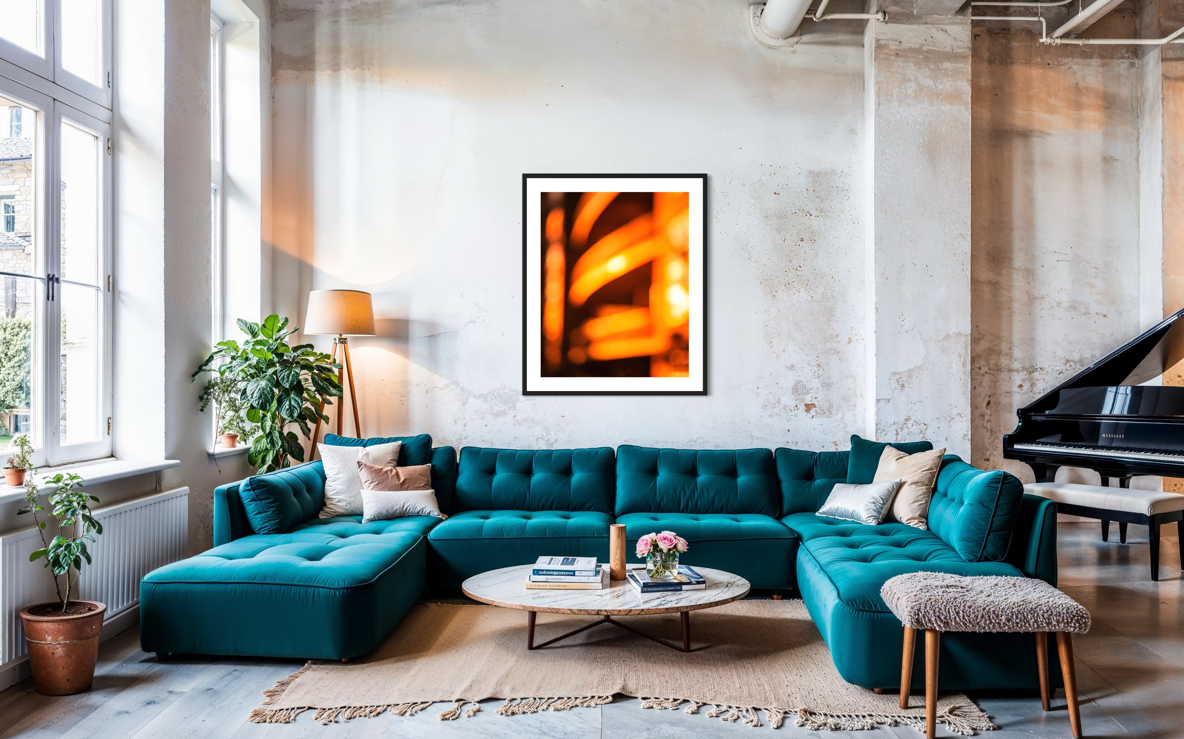 photo of abstract orange blurred lines in black frame with white matte in urban loft living room large teal couch and concrete walls