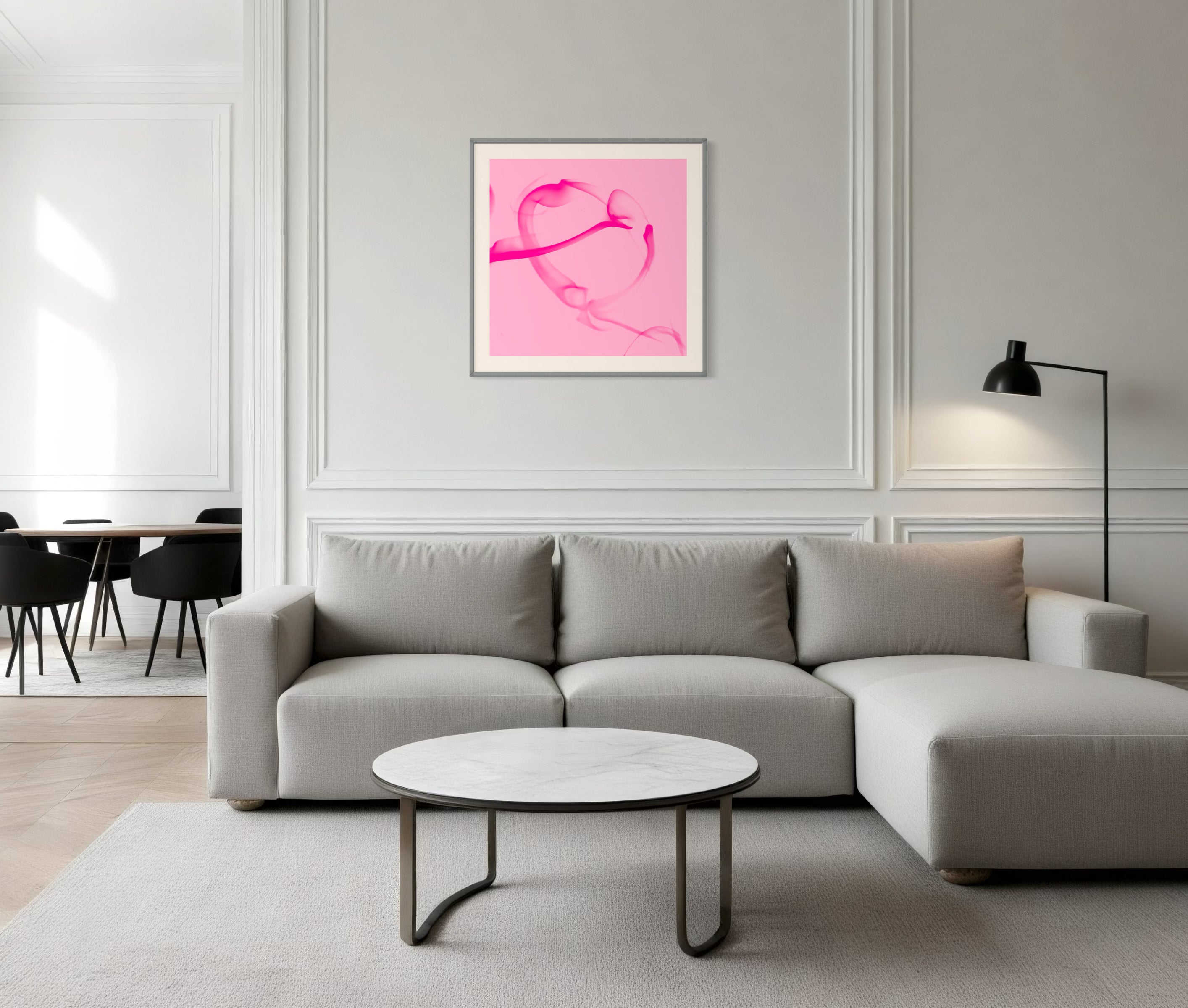abstract pink heart on pink background in gray frame with light gray matte on  light gray wall in modern living room with gray tones