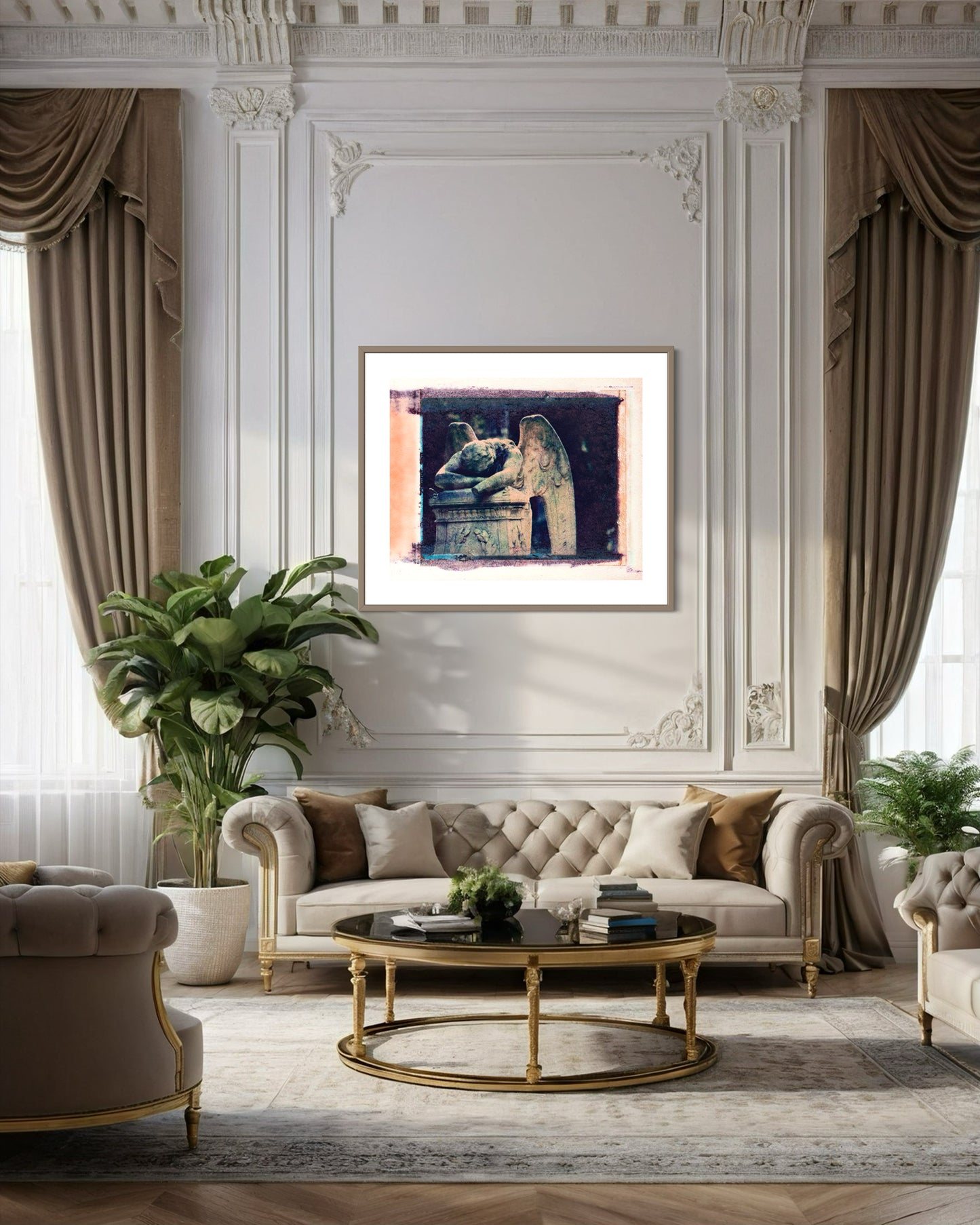 Polaroid transfer of sculpture of angel leaning over a grave, lamenting, in cemetery, angel's left hand has been knocked off in light brown frame with white matte on wall in classic luxury mansion living room with earth tones