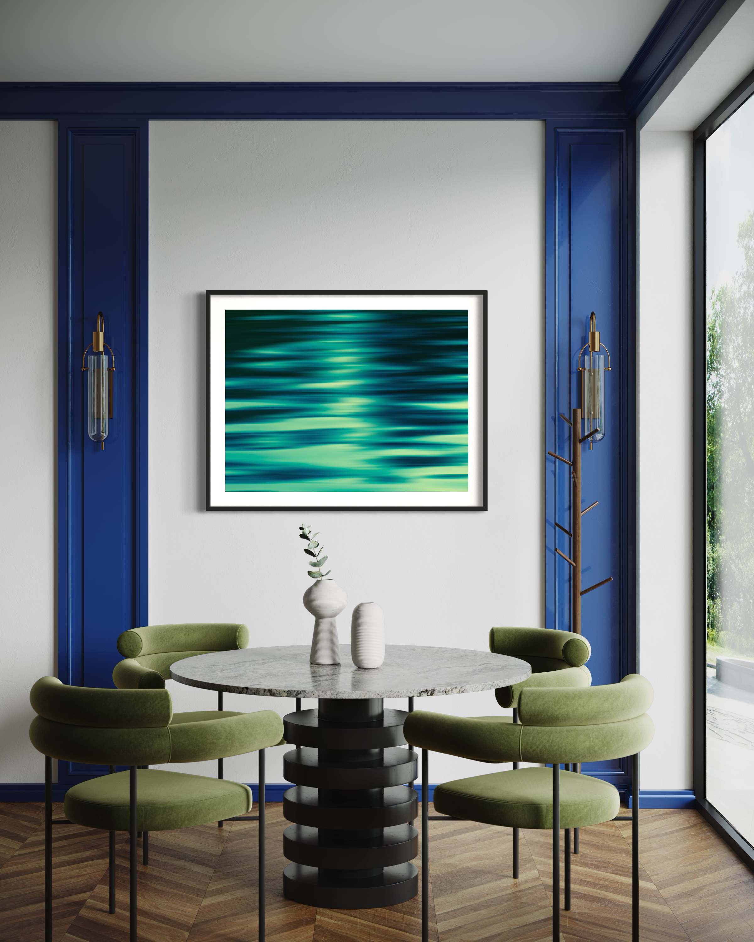 photo of abstract water in lake with blue, green and black in black frame on wall in modern breakfast room