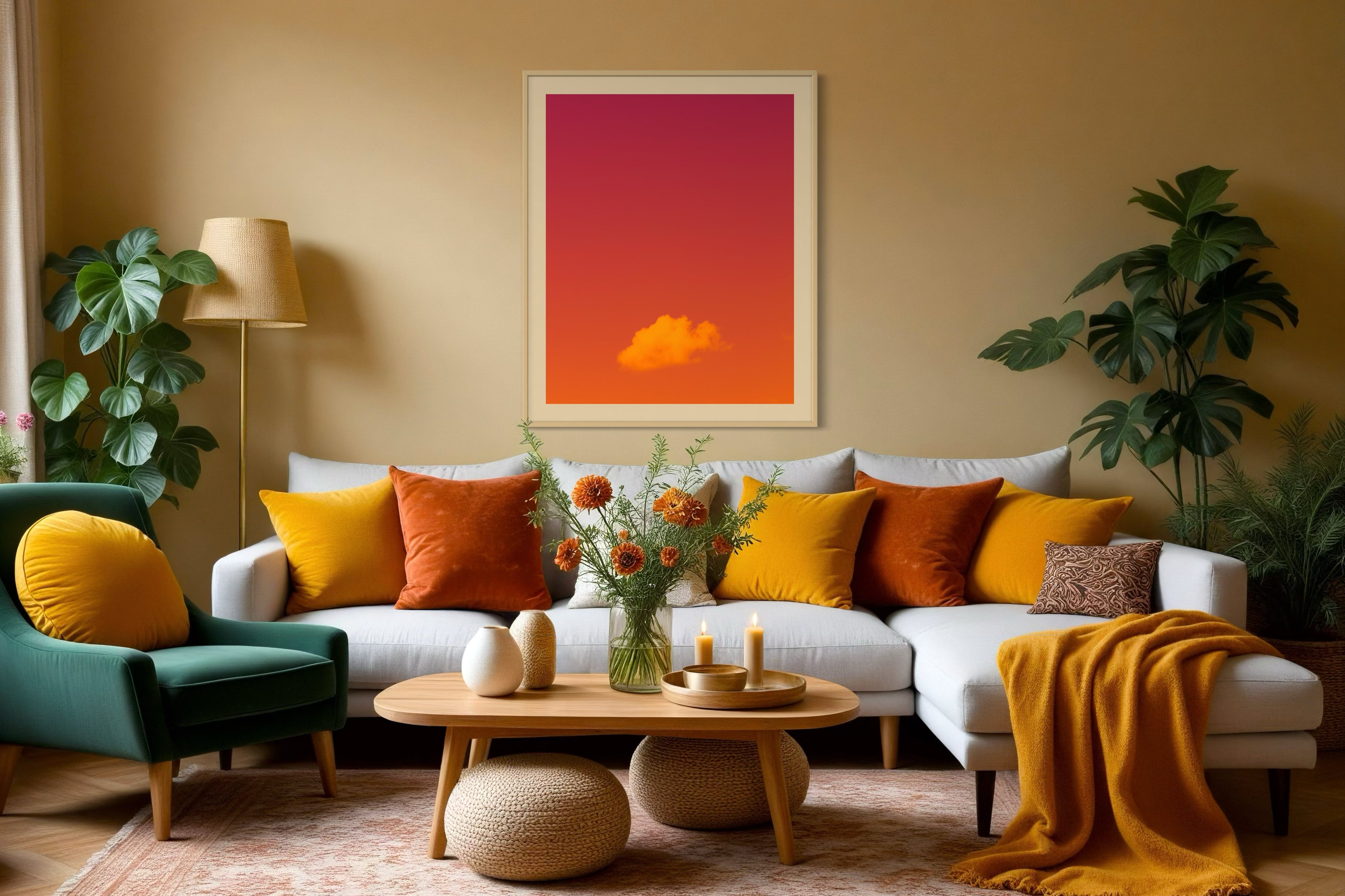 warm tone photo of single cloud in tan frame with light tan matte on light orange wall above couch in colorful living room with green, yellow and orange colors