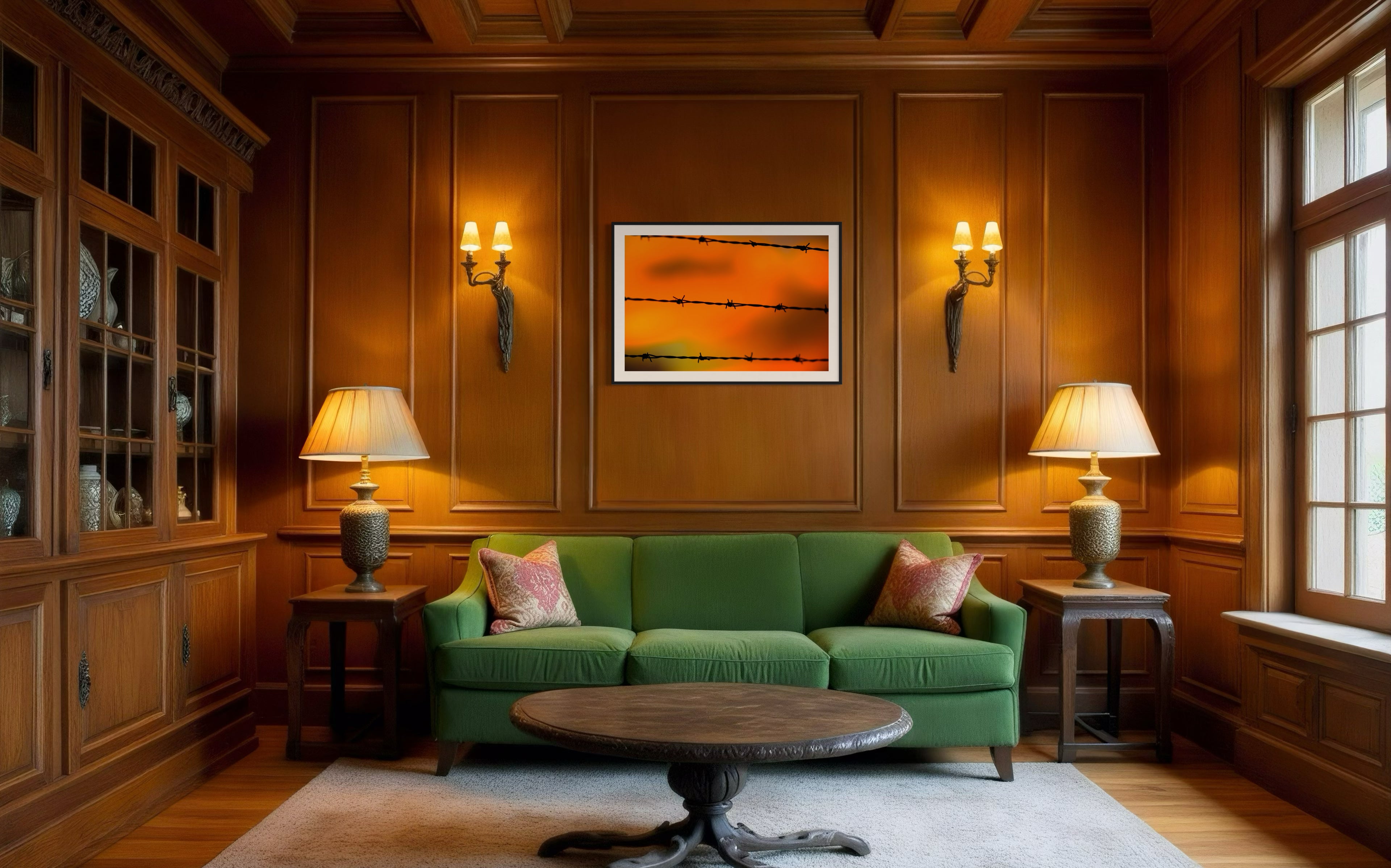 Close up of barbed wire fence with sunset in the background, in black frame with white matte on wooden wall wall above green couch in rustic living room