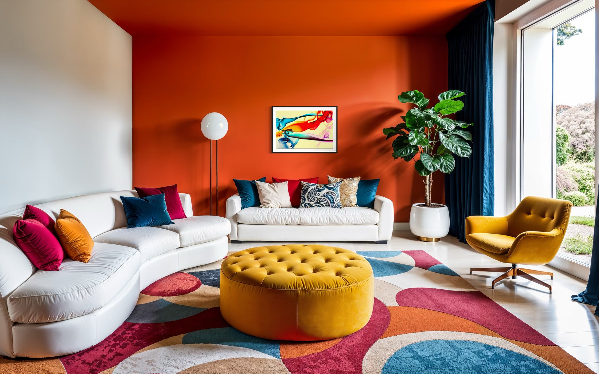 swirls of blue, yellow, orange, teal, purple and red on light yellow background in black frame with white matte on orange wall in very colorful living room 