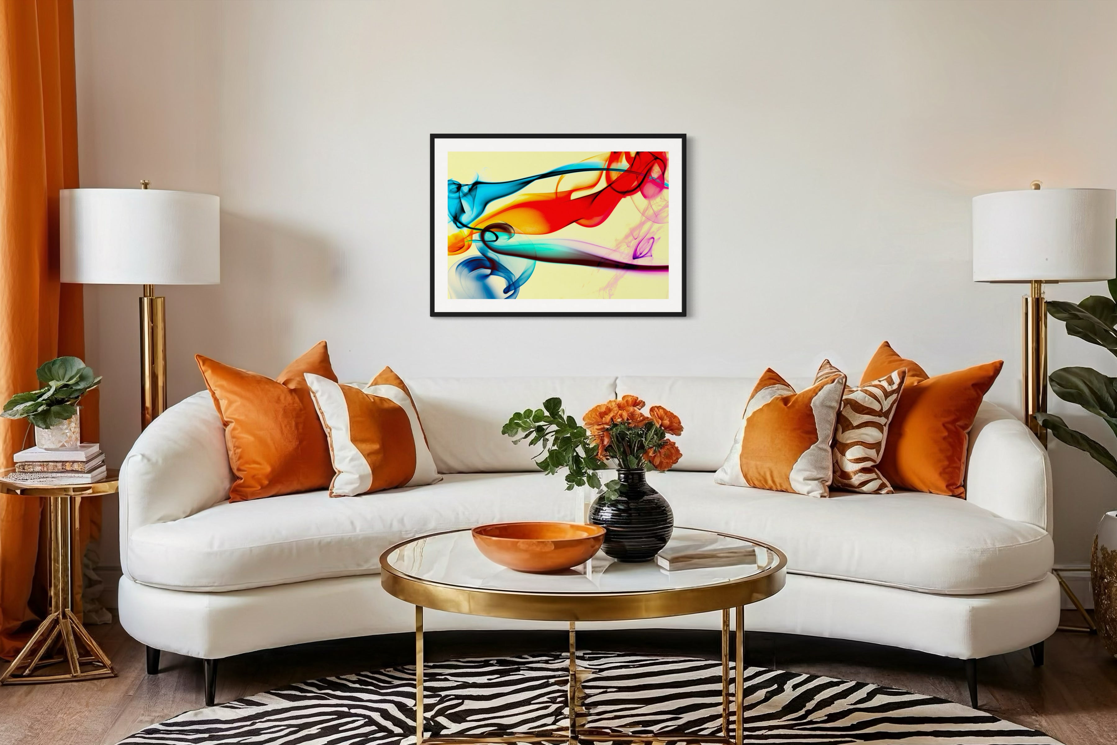 swirls of blue, yellow, orange, teal, purple and red on light yellow background in black frame with off white matte on light tan wall in modern home living room with orange and white tones