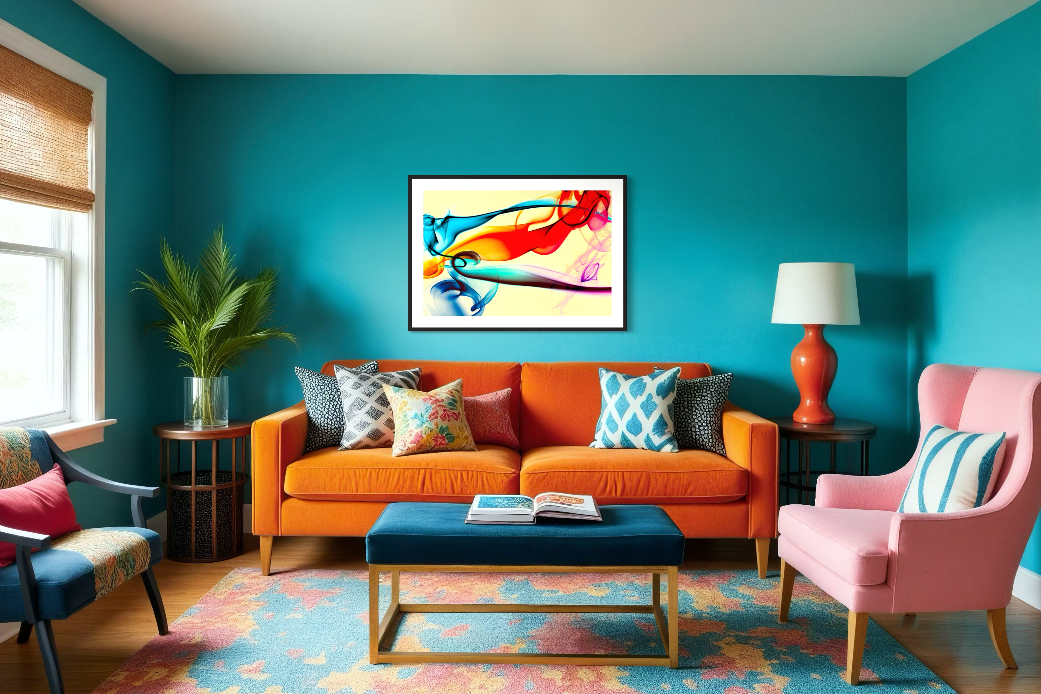 swirls of blue, yellow, orange, teal, purple and red on light yellow background in black frame with off white matte on aqua wall in very colorful living room with orange couch, pink chair and colorful rug