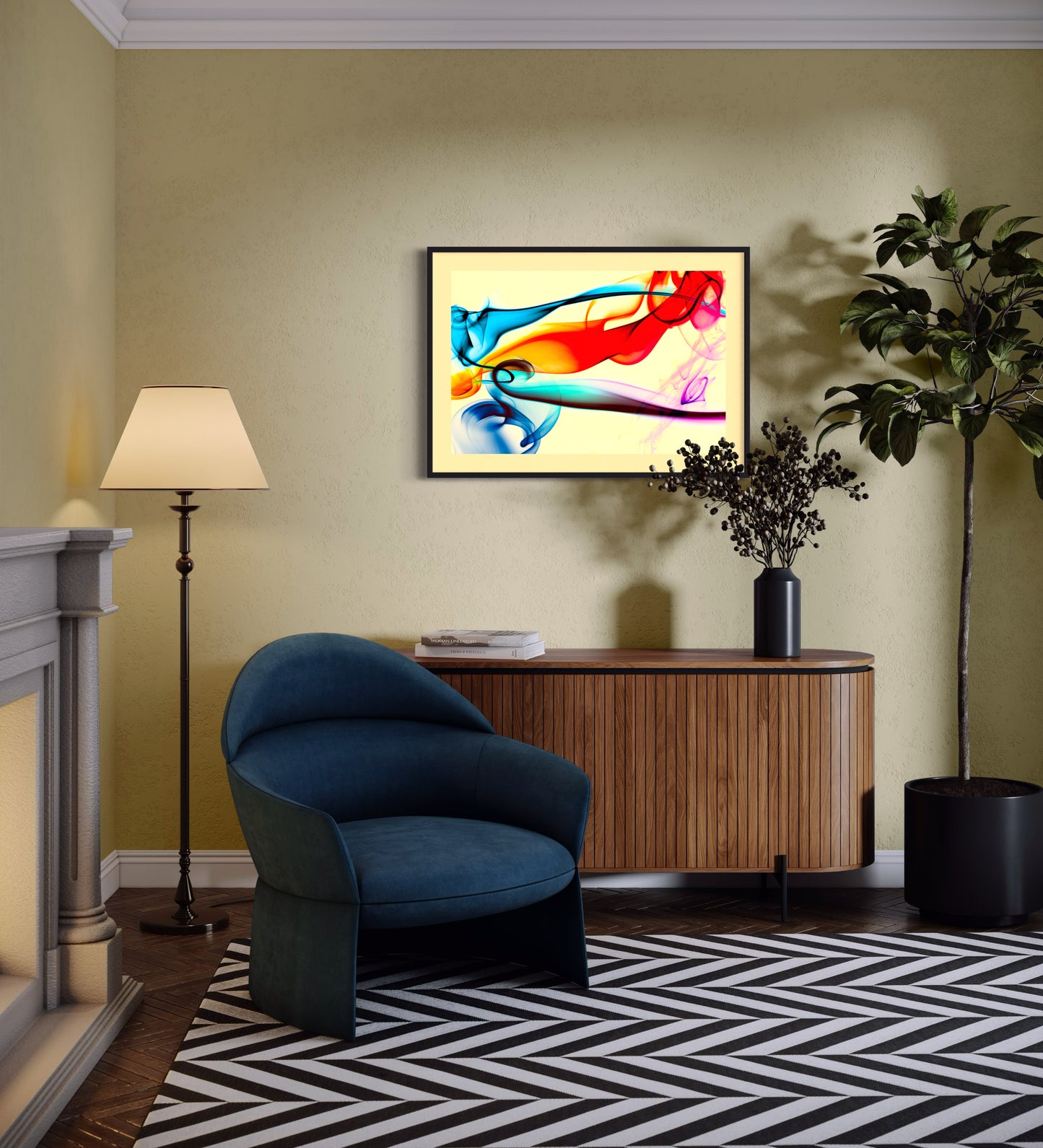 swirls of blue, yellow, orange, teal, purple and red on light yellow background in black frame with soft yellow matte on pale yellow wall in modern home living room