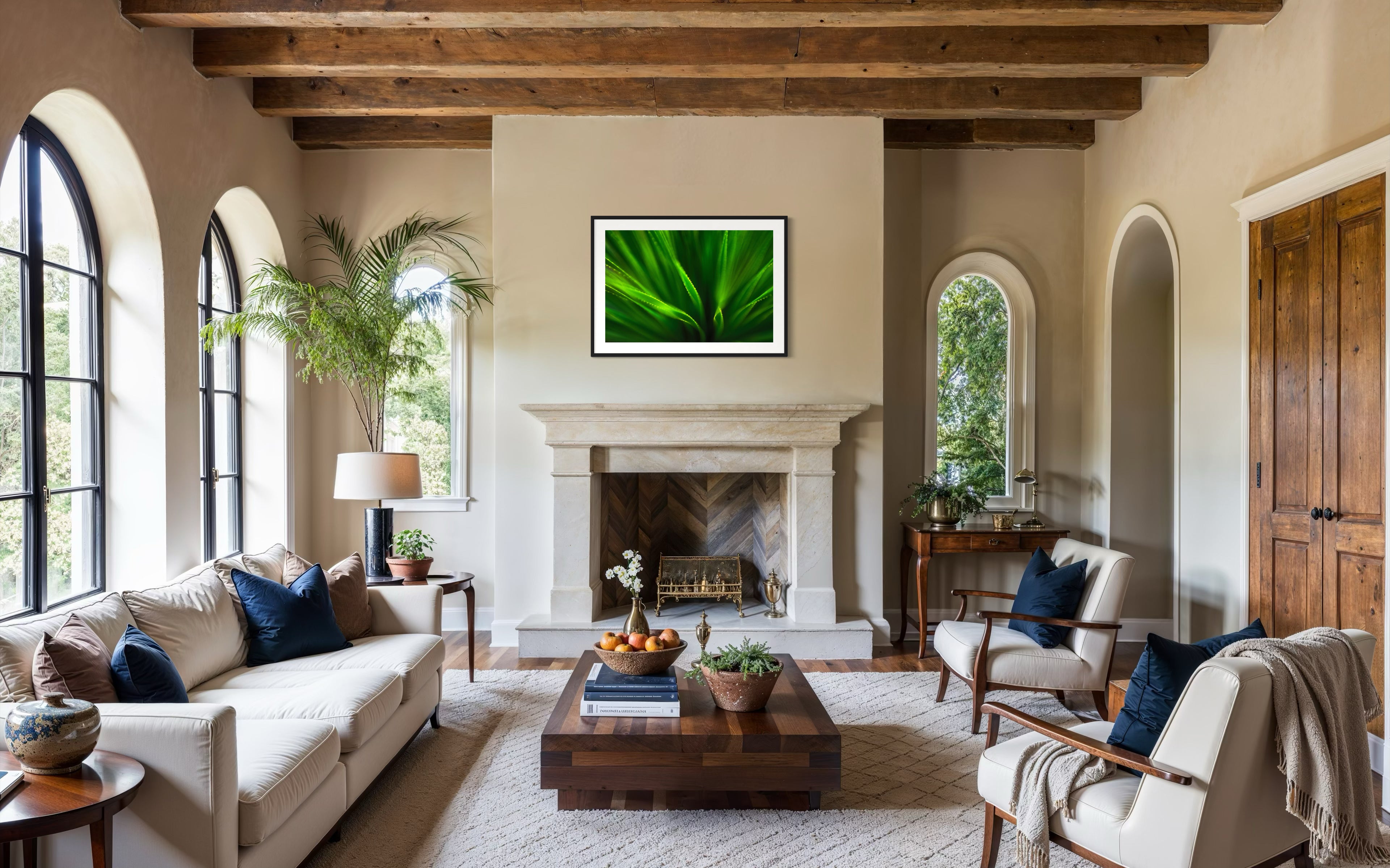 green agave like plant with selective focus in black frame with white matte on tan wall in rustic living room with exposed beams
