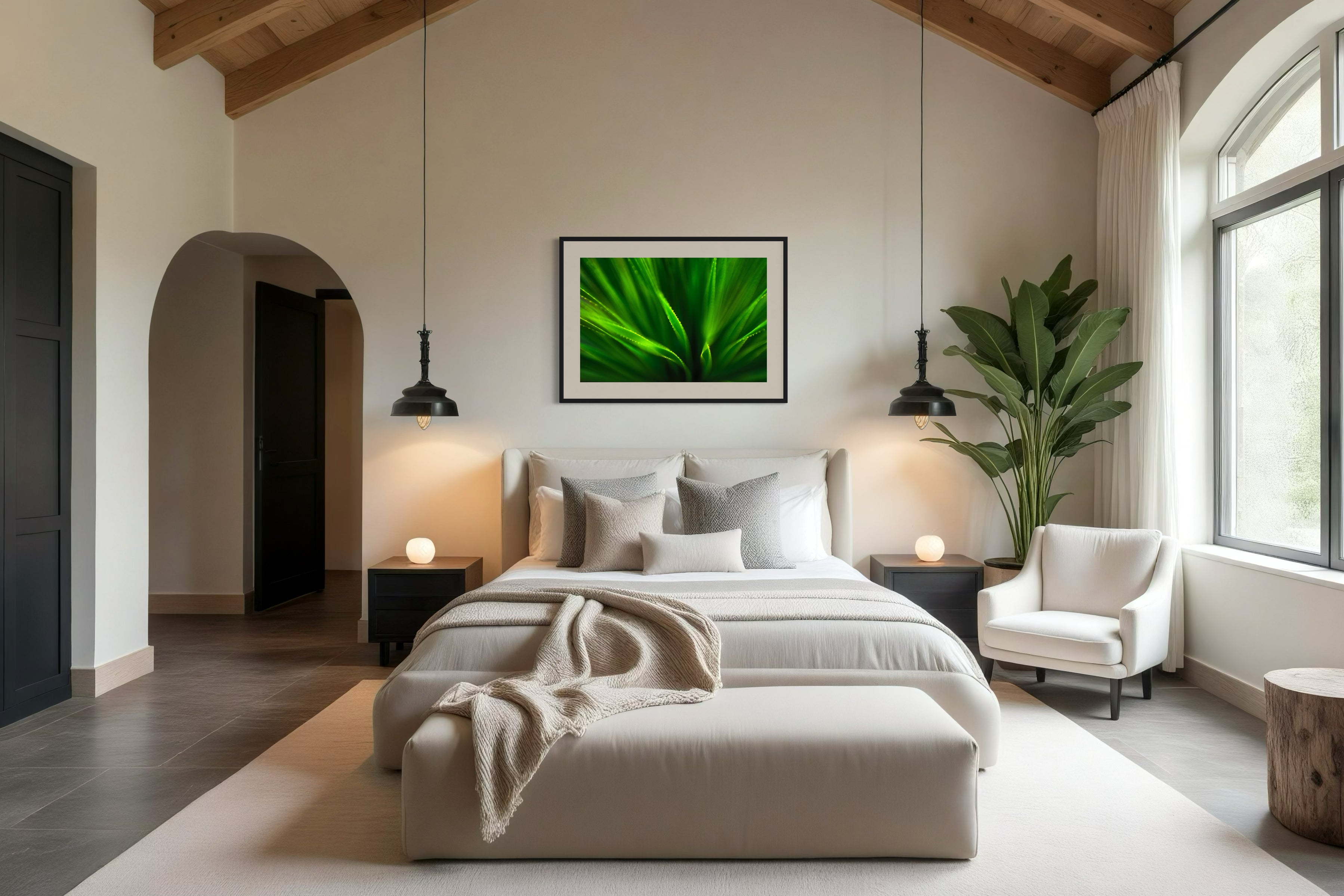 green agave like plant with selective focus in black frame with white matte on tan wall in bedroom with light colors, beams in the ceiling and large gray tiles for flooring