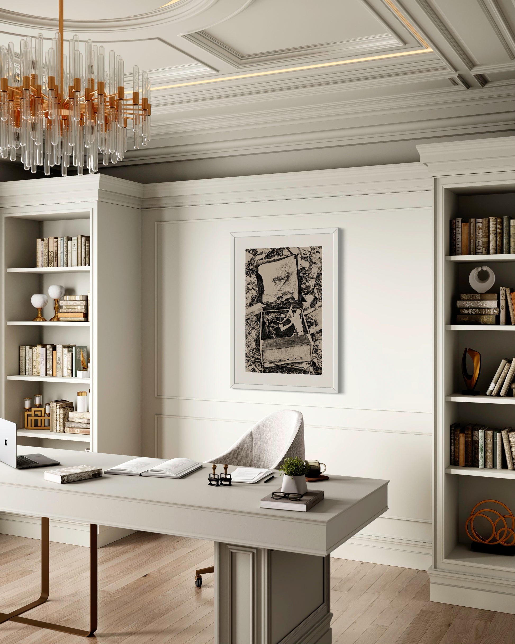 black and white photo of old record player in off white frame on wall in luxurious home office