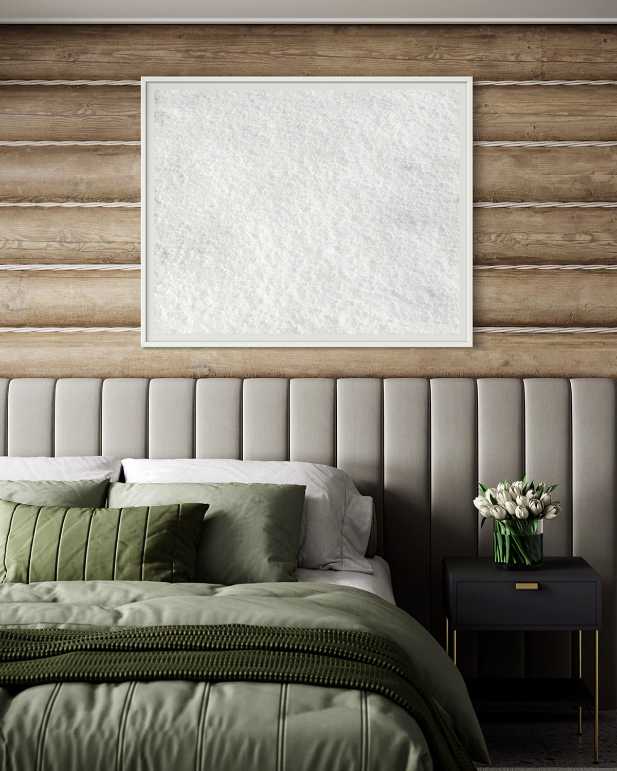 Close up photo of fresh white clean snow in white frame with white matte above white couch above bed in close up of rustic bedroom