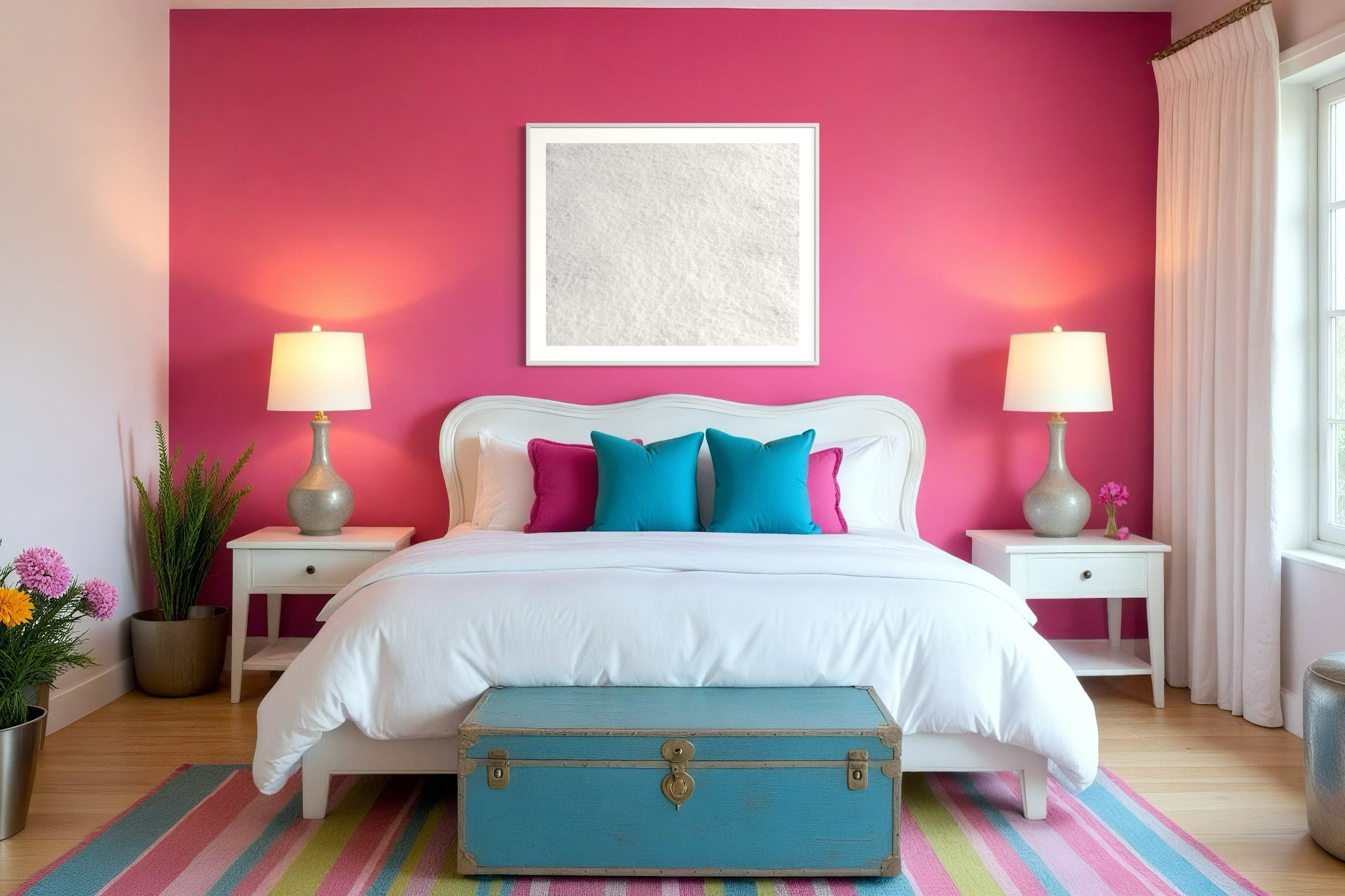 Close up photo of fresh white clean snow in white frame with white matte on bright pink wall in bedroom with pink, teal and white