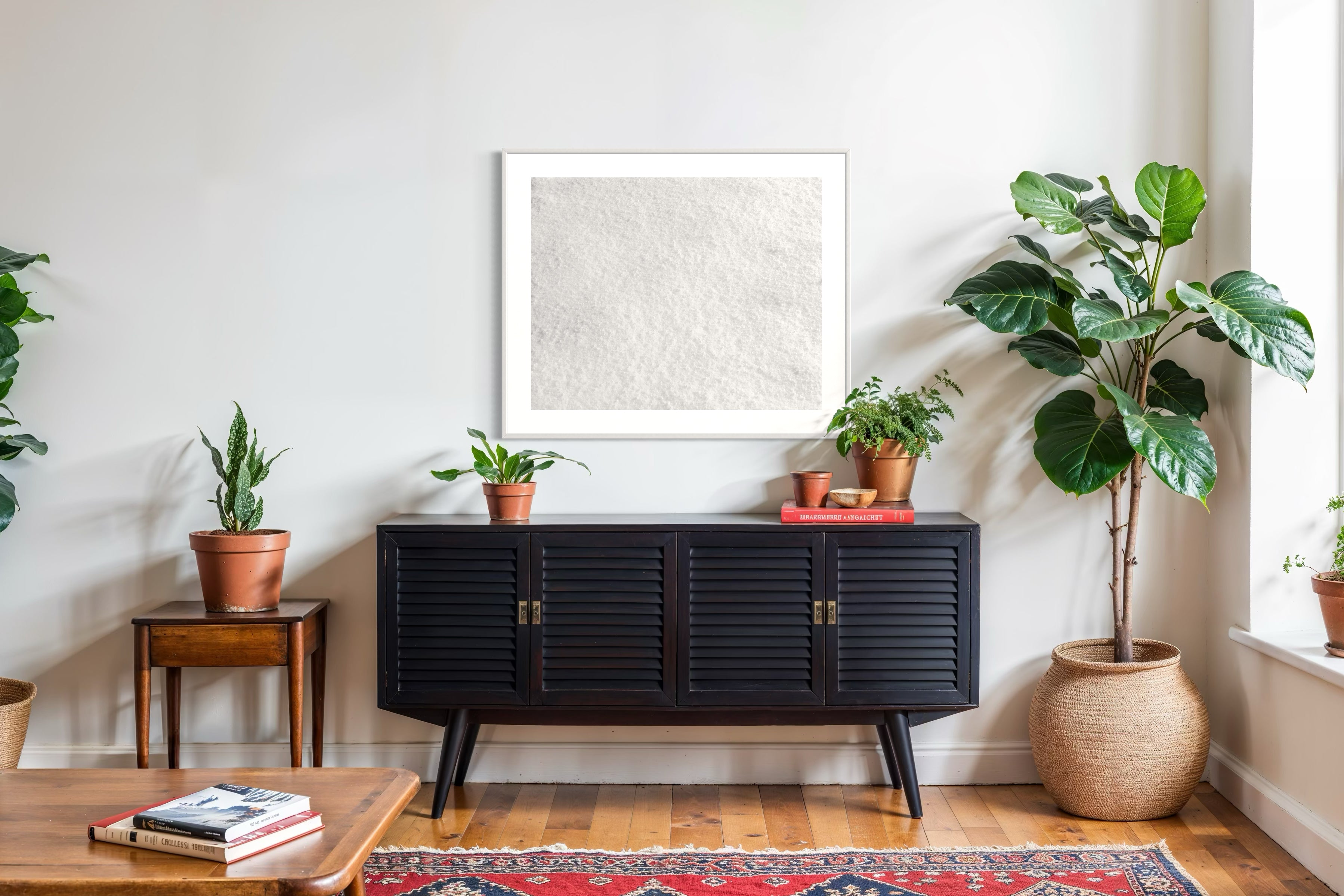 Close up photo of fresh white clean snow in white frame with white matte on above black piece of furniture in country style living room