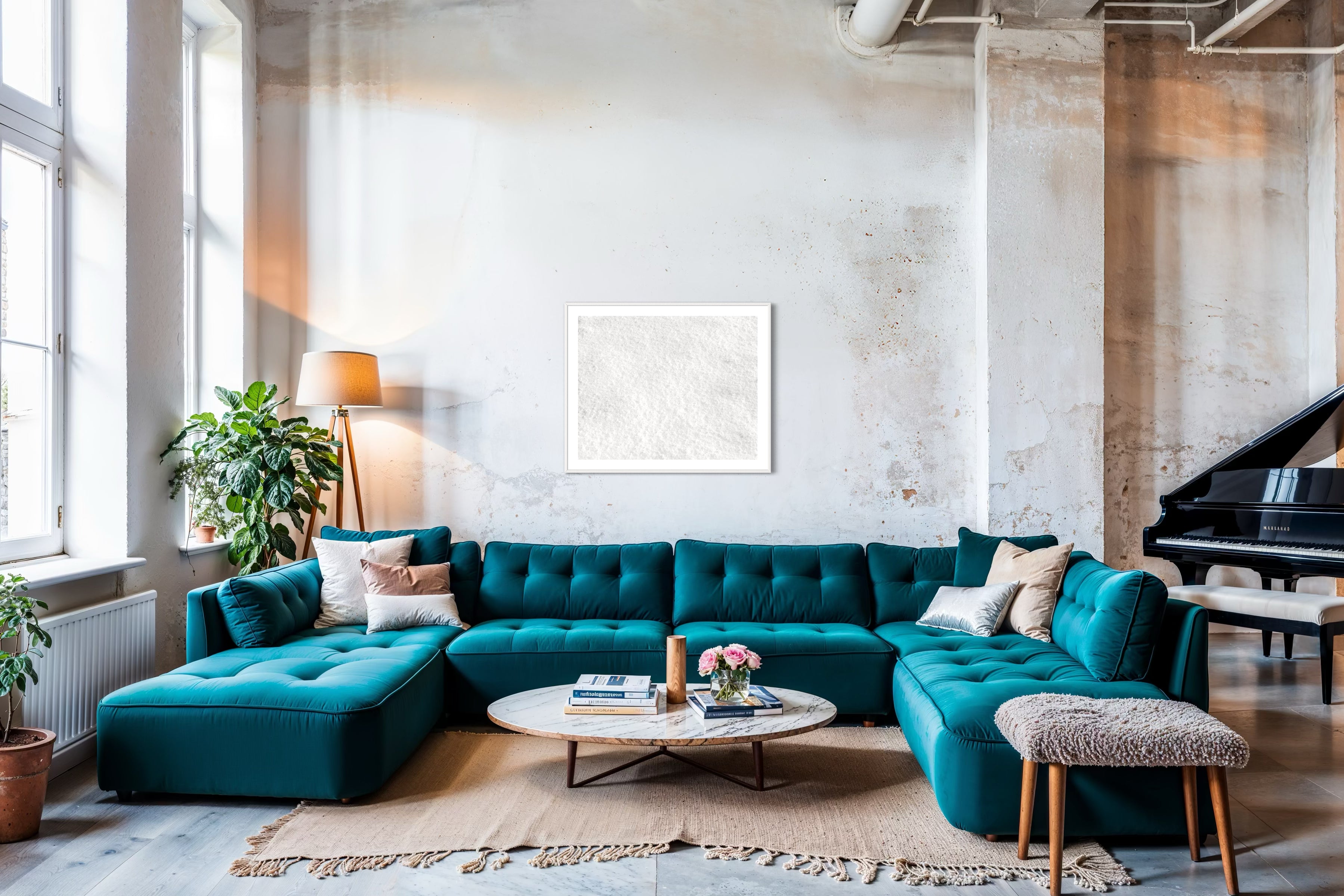 Close up photo of fresh white clean snow in white frame with white matte concrete wall in loft with very large teal couch and baby grand piano.