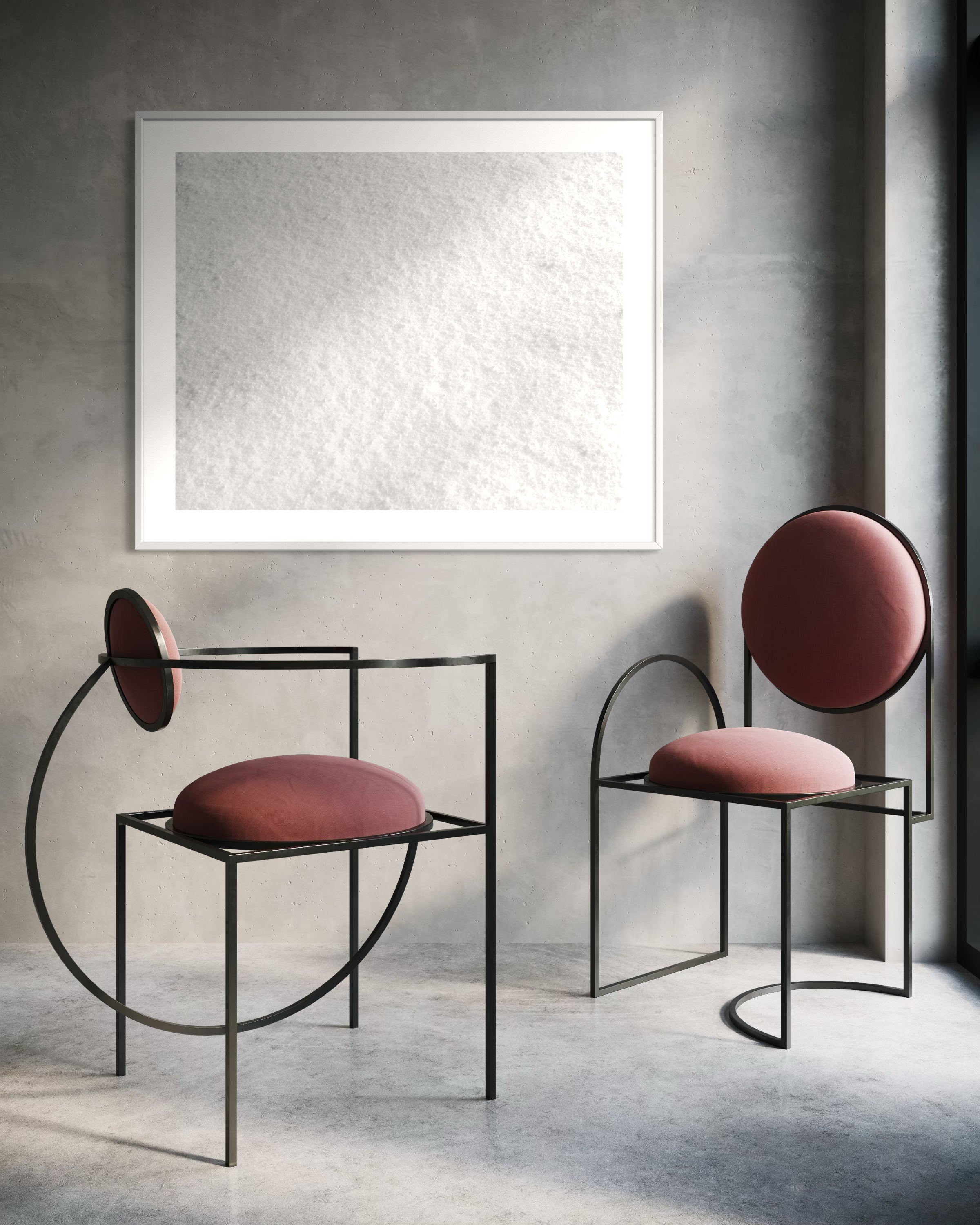 Close up photo of fresh white clean snow in white frame with white matte gray wall in minimalist industrial style hone with 2 very modern chairs with keep pink cushions