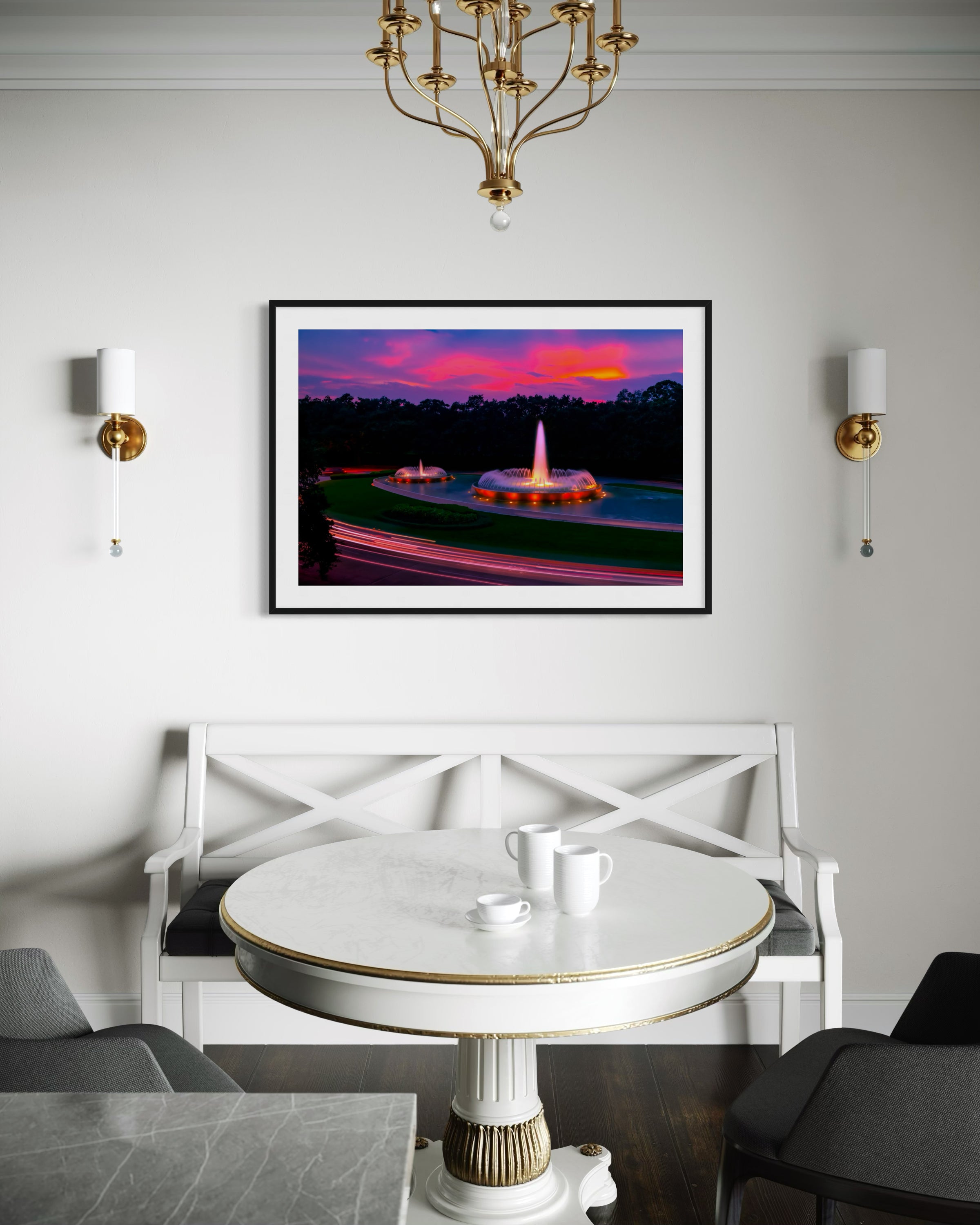 photo of Mecom Fountain in Houston shot at sunset with blurred car lights at the bottom in black frame with white matte on wall in modern breakfast room with white, gray and black colors