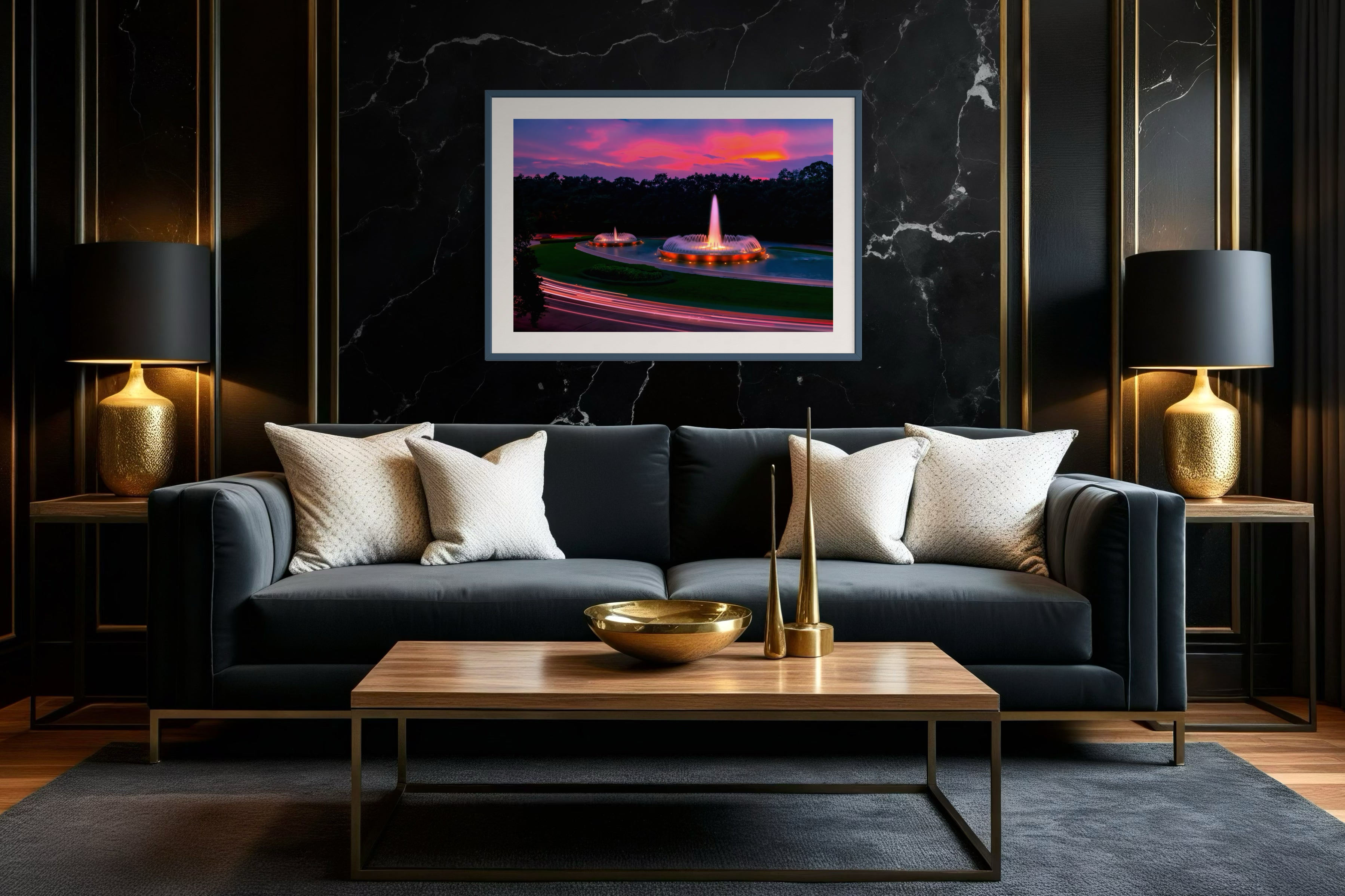 photo of Mecom Fountain in Houston shot at sunset with blurred car lights at the bottom in dark blue frame with off white matte on black marble wall in upscale living room