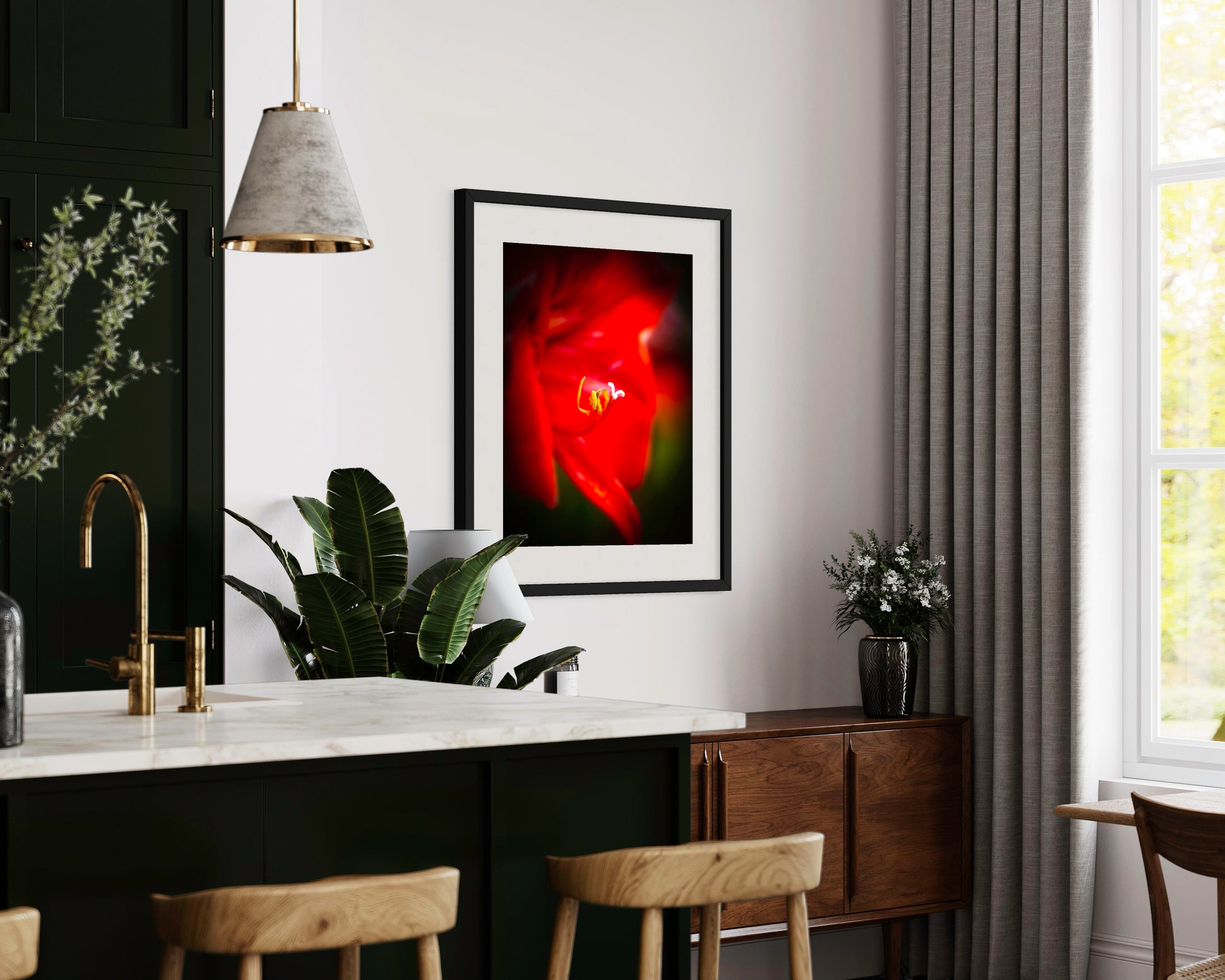 macro photo of red flower, selective focus in black frame on wall in modern kitchen