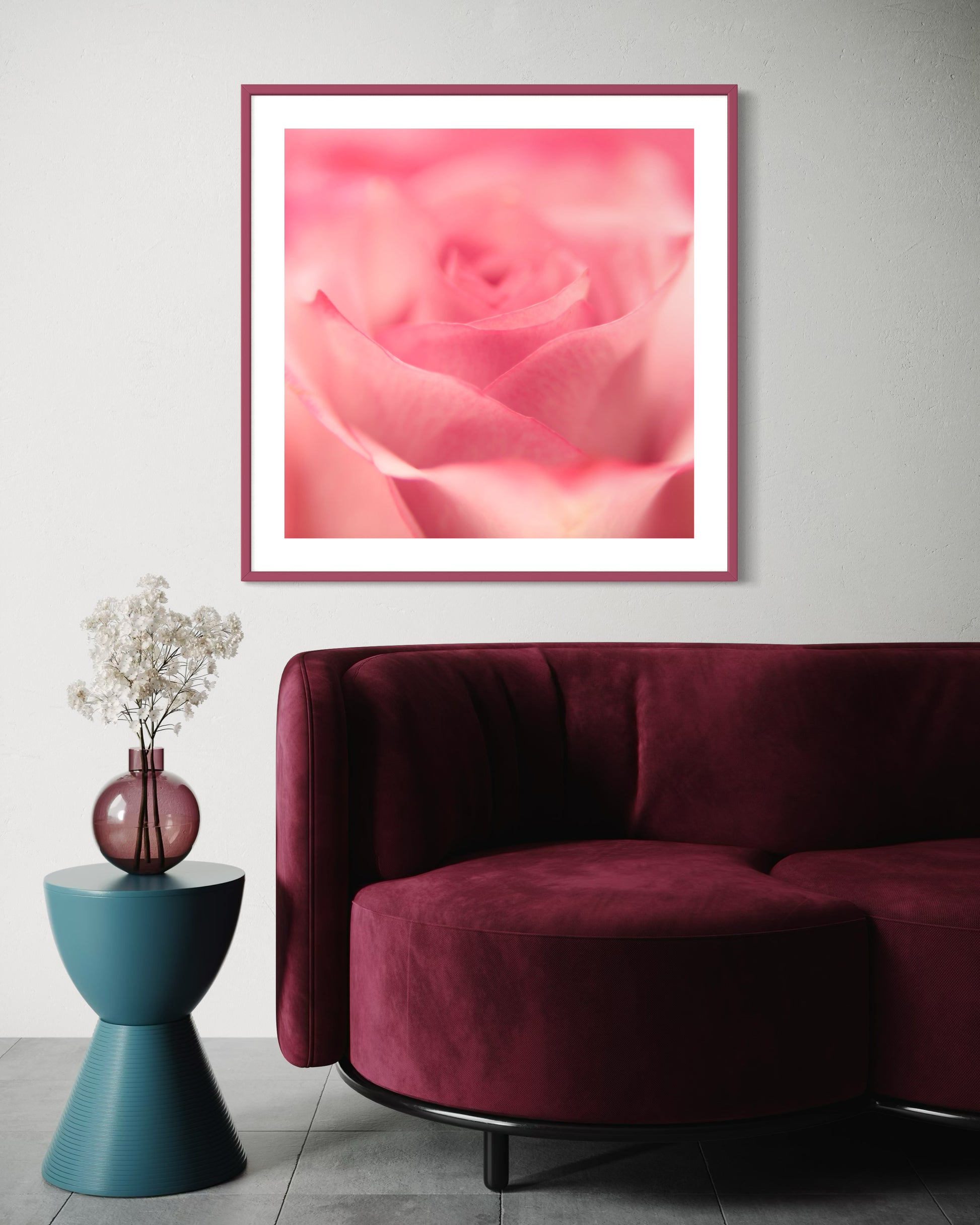 macro of pink rose shot in studio with shallow depth of field in pink frame with light pink matte on white wall above burgundy couch and small blue geometric table