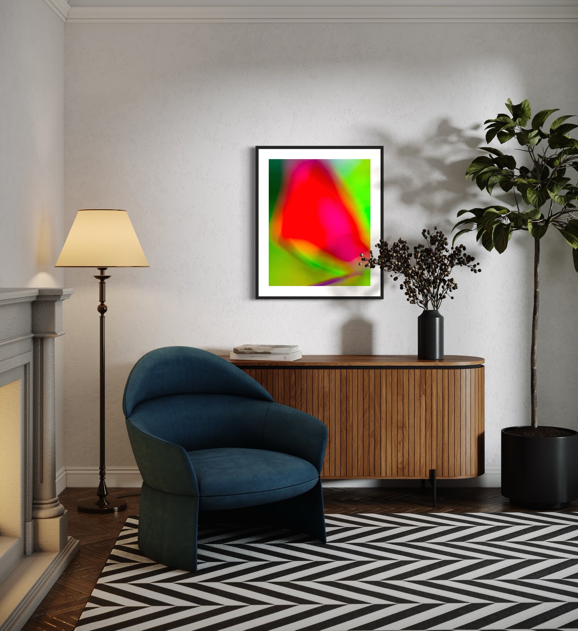 photo of blurry red leaf on blurred bright green background in black frame on white wall in living room