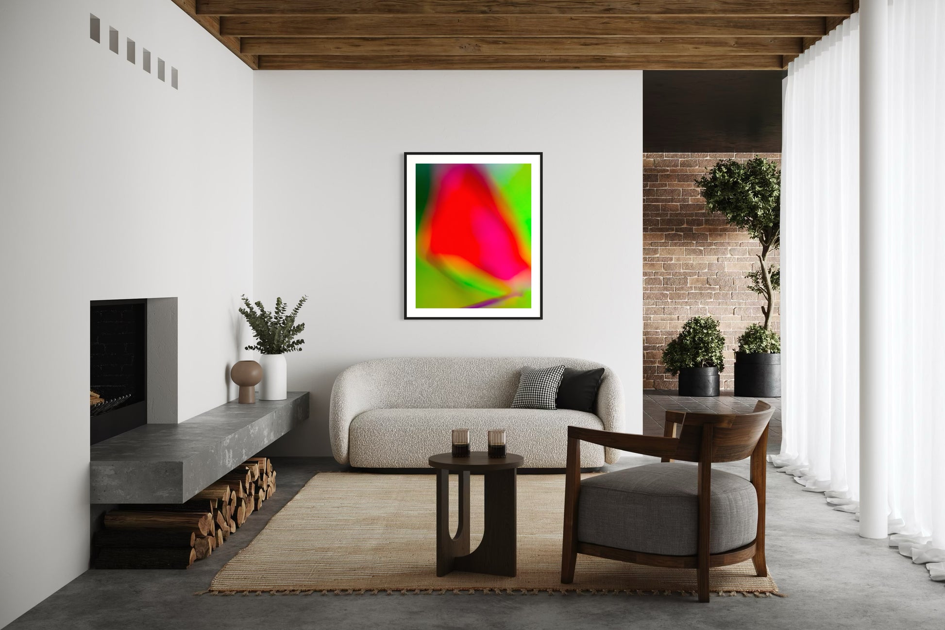 photo of blurry red leaf on blurred bright green background in black frame with white matte on white wall in industrial and modern living room