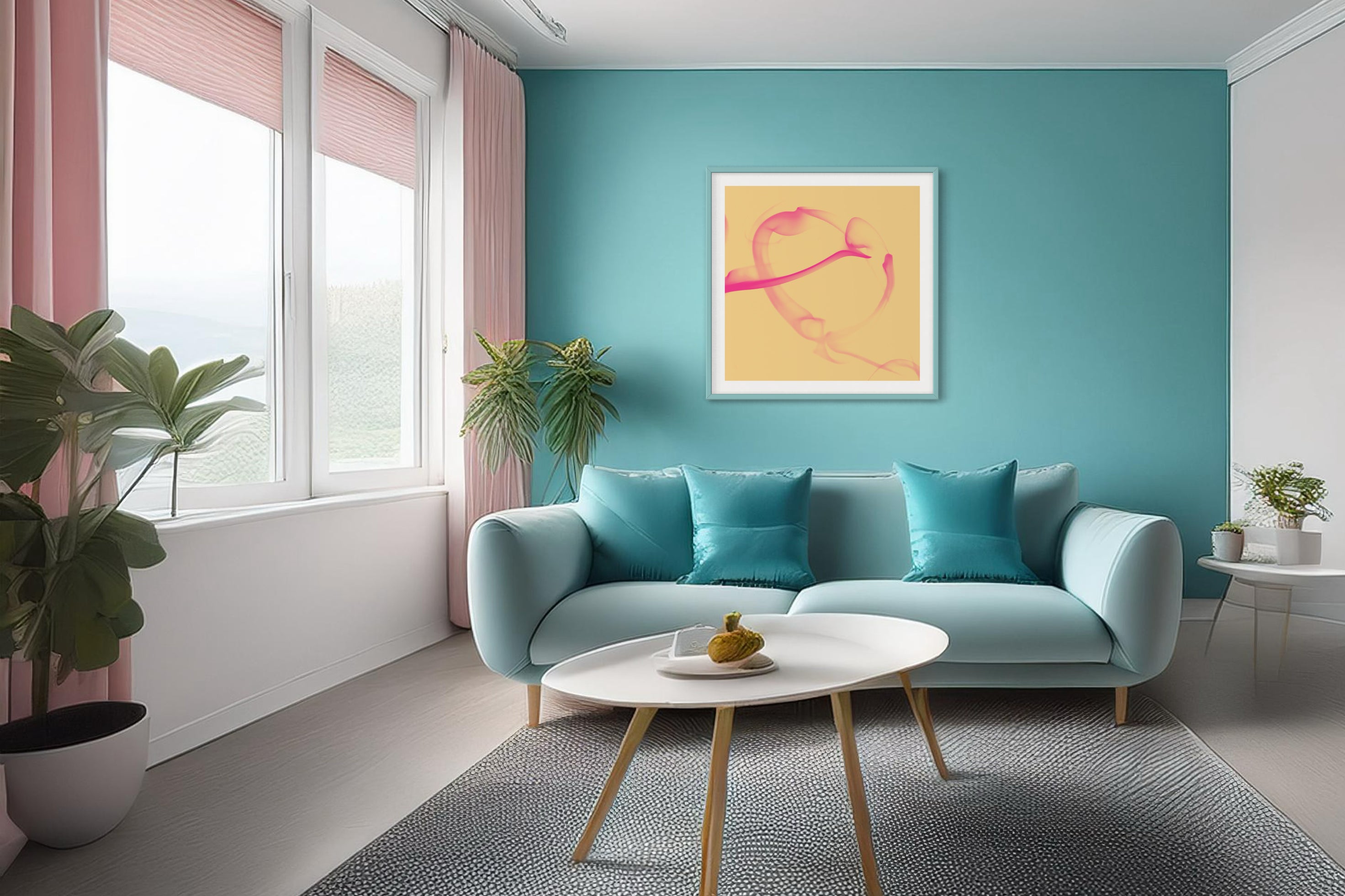 abstract pink heart in teal frame with white matte on wall in modern colorful living room, main colors are teal, pink and white, also has a few green pants