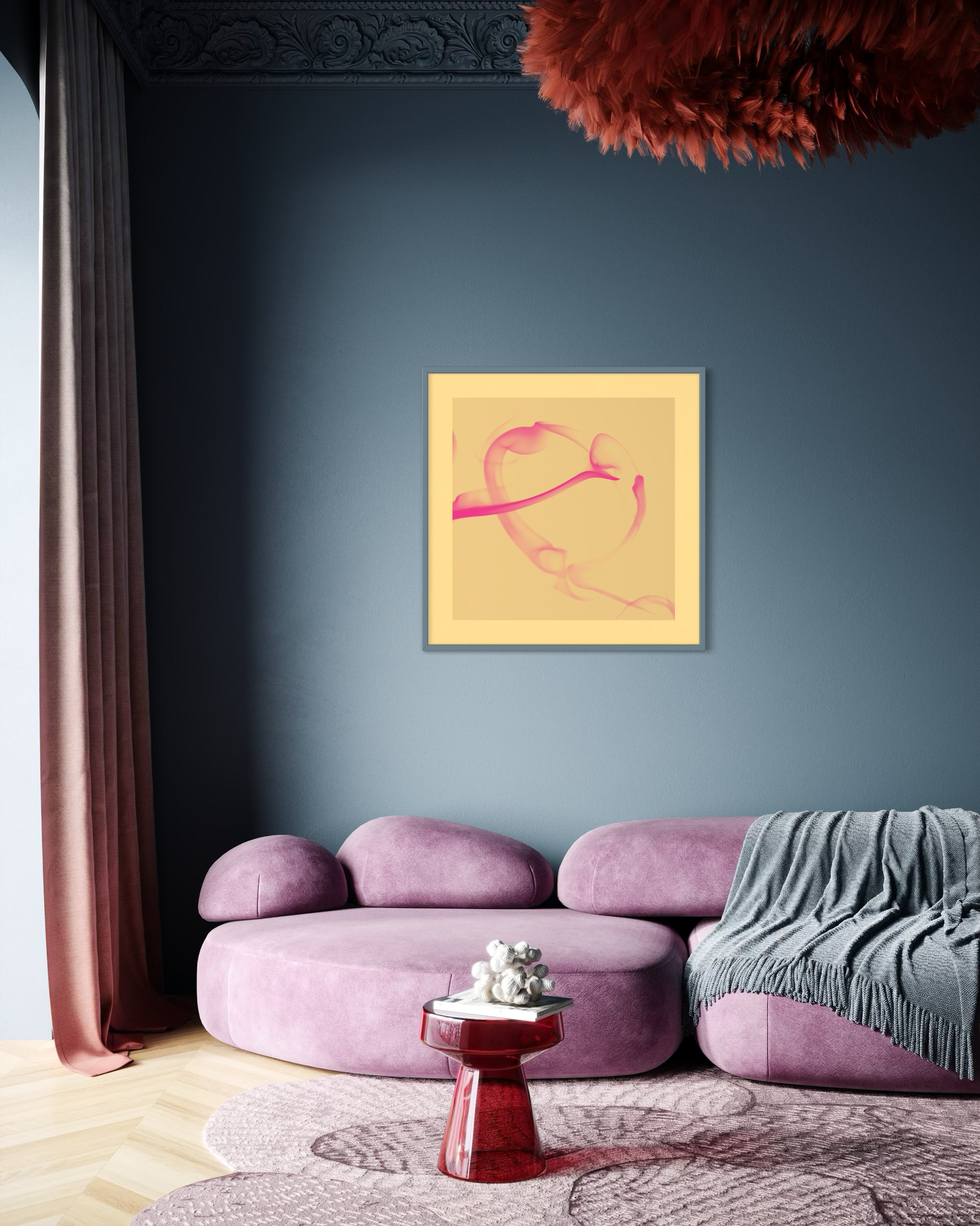 abstract pink heart on tan background in pale blue frame with yellow matte on pale blue wall in luxury sitting area with light purple couch and high ceilings
