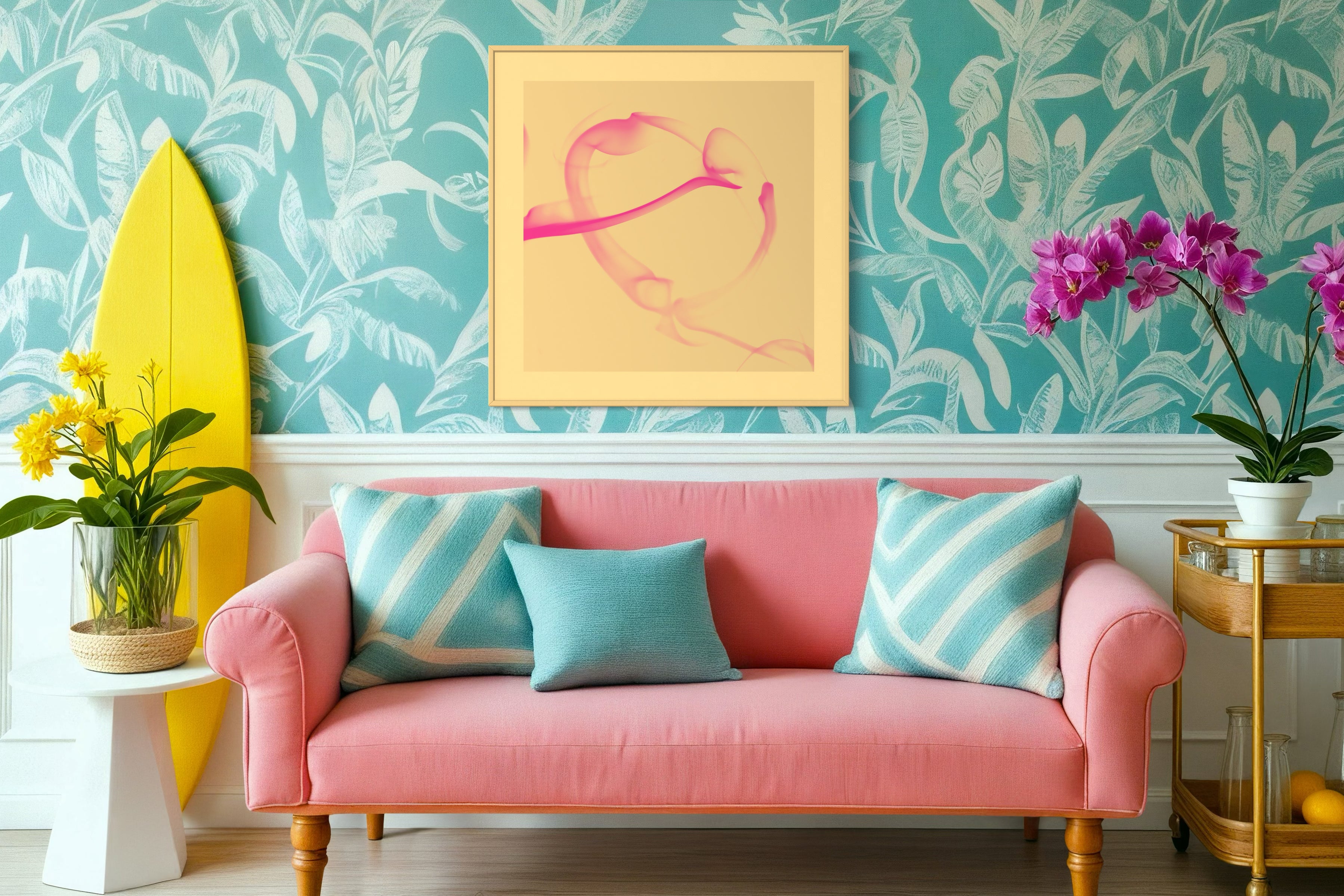 abstract pink heart on yellow background in yellow frame with yellow matte on off teal wallpaper wall in living room with pink couch, yellow surfboard, wicker bench and pink curtain