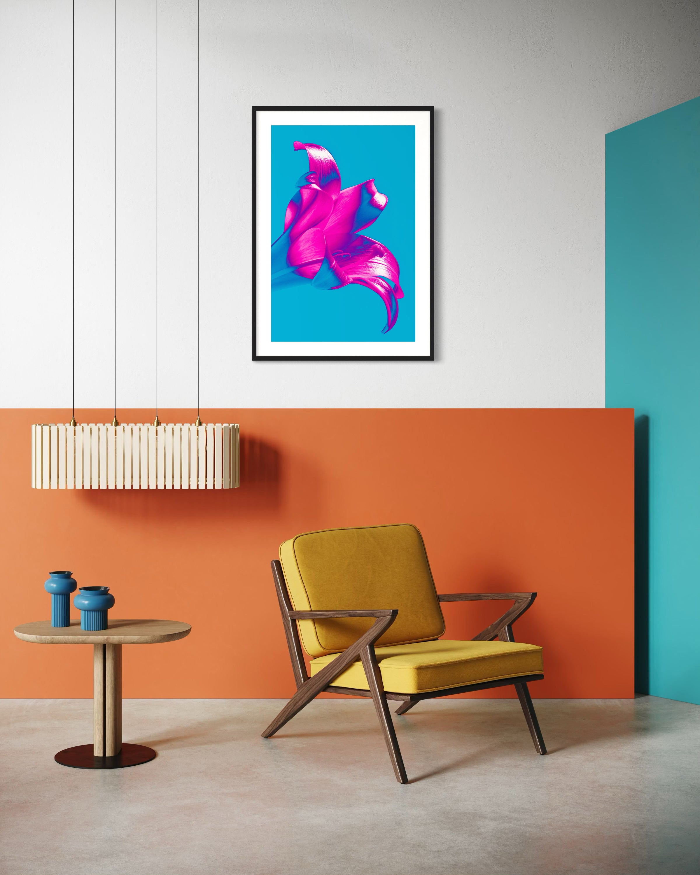 bright pop art photo of pink lily on blue background in black frame with white matte on wall in colorful sitting room with yellow chair room
