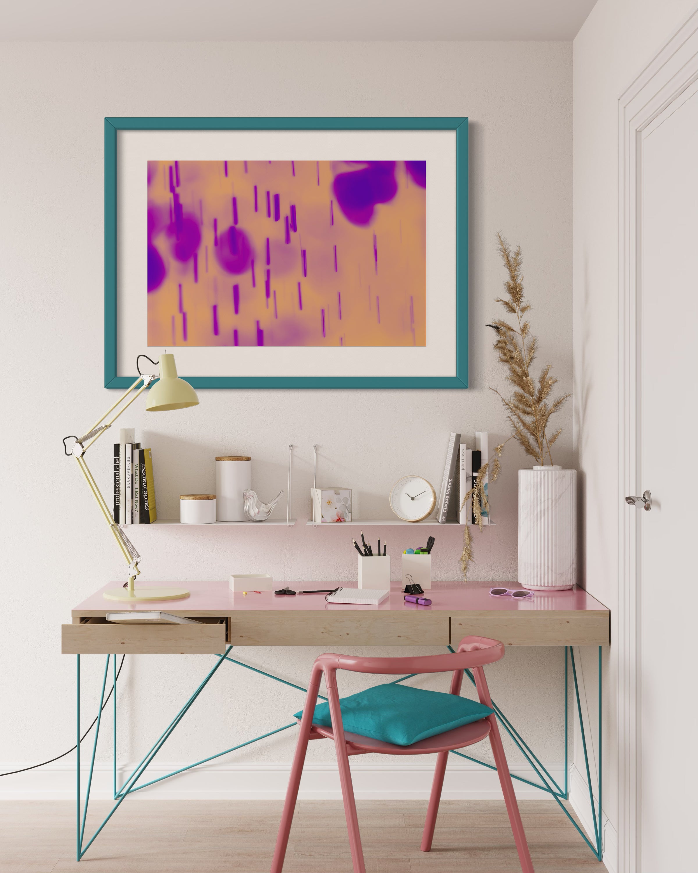 blurred rain in purple on pale yellow background in teal frame on wall in home office