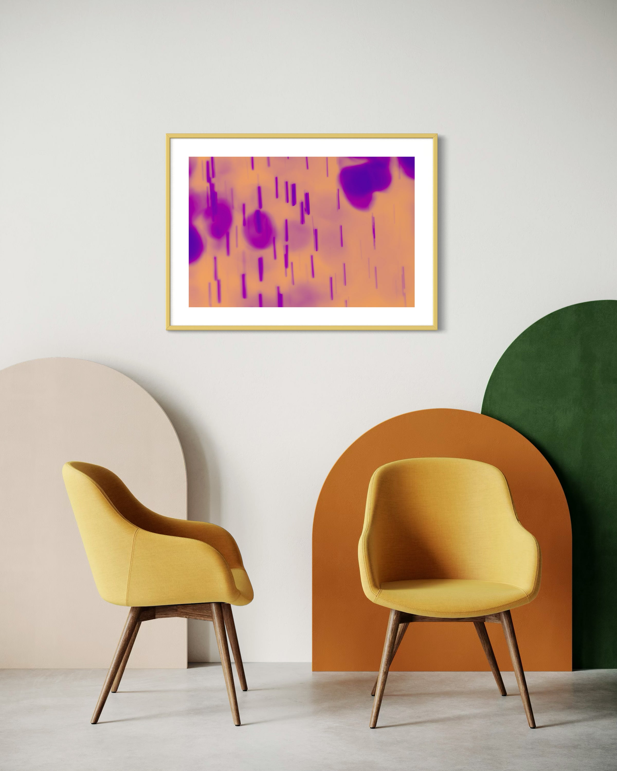 blurred rain in purple on pale yellow background in black frame with white matte on white wall in minimalist residential sitting area with sixties style furniture in orange, green and yellow 