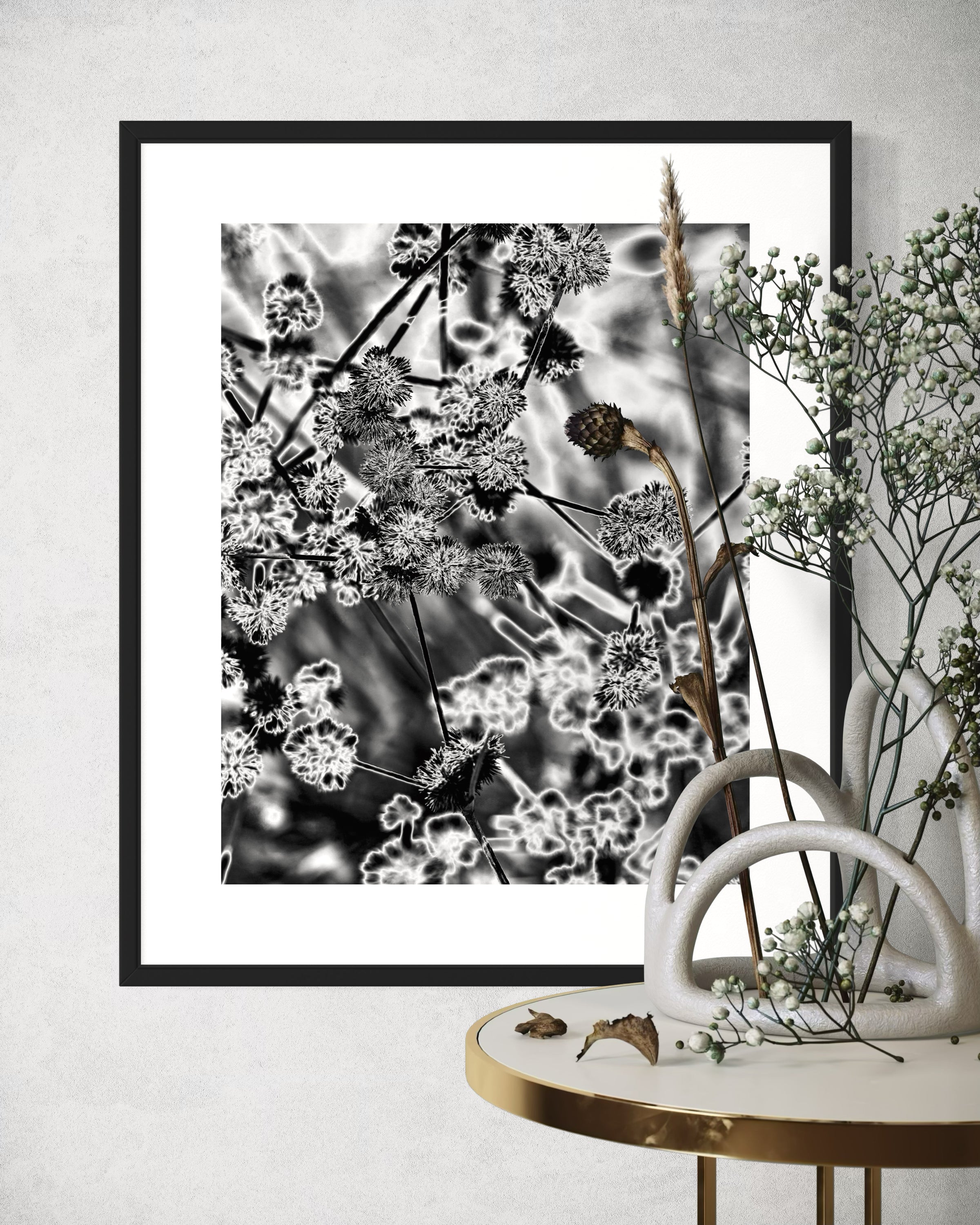 black and white close up of plant with solarized effect in black frame with white matte with small table lower left and dried plants on the table