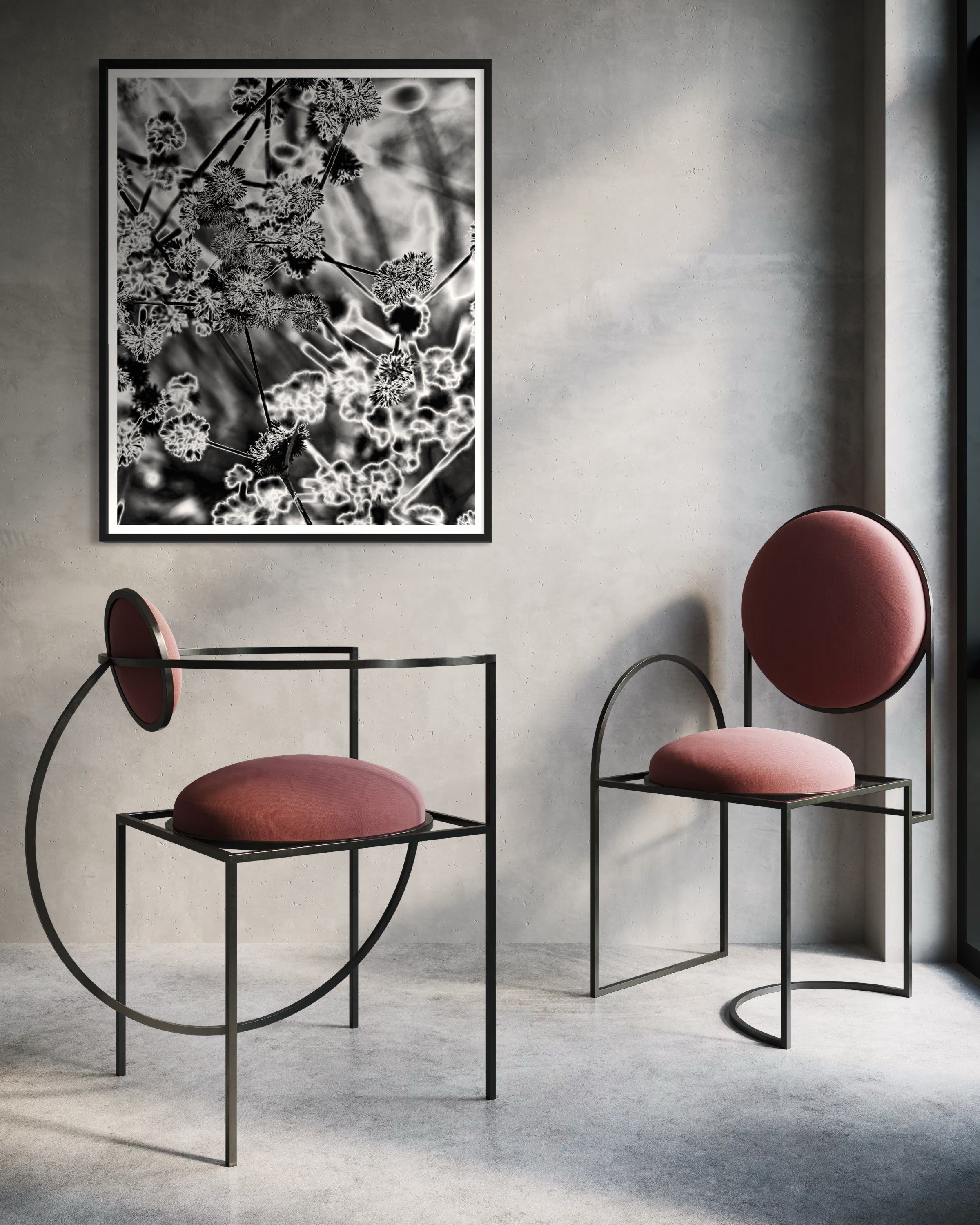 black and white close up of plant with solarized effect in black frame with white matte on off white wall in minimalist sitting area with concrete floors, gray walls and two very modern metal chairs with pink seat and back cushions