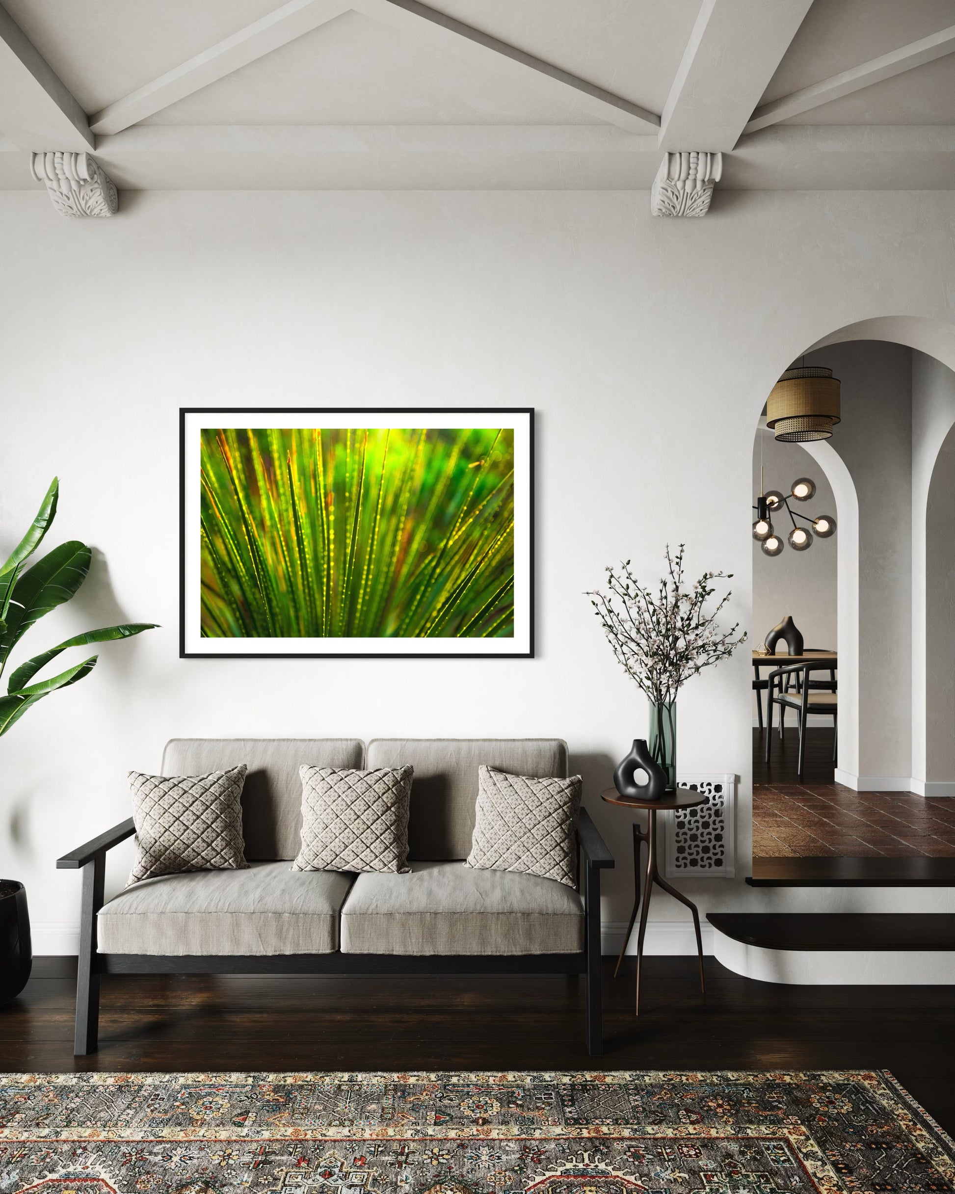 photo close up of Sotol plant backlit at dusk in black frame with white matte on white wall in mediterranean style living room