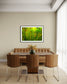 photo close up of Sotol plant backlit at dusk in black frame with white matte on white wall in modern dining area with earth tones