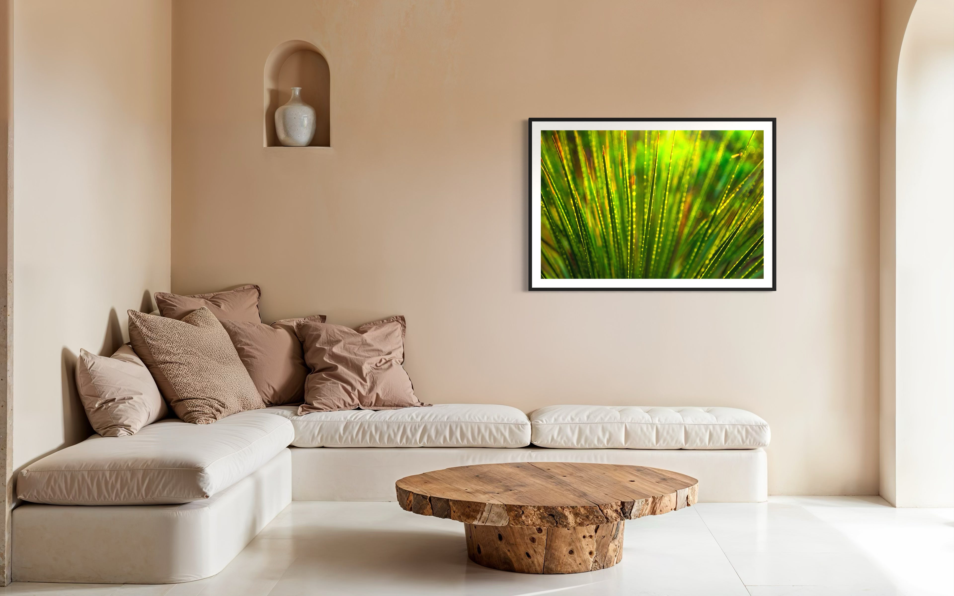 photo close up of Sotol plant backlit at dusk in black frame with white matte on tan wall in Mediterranean living room with white couch and wooden coffee table