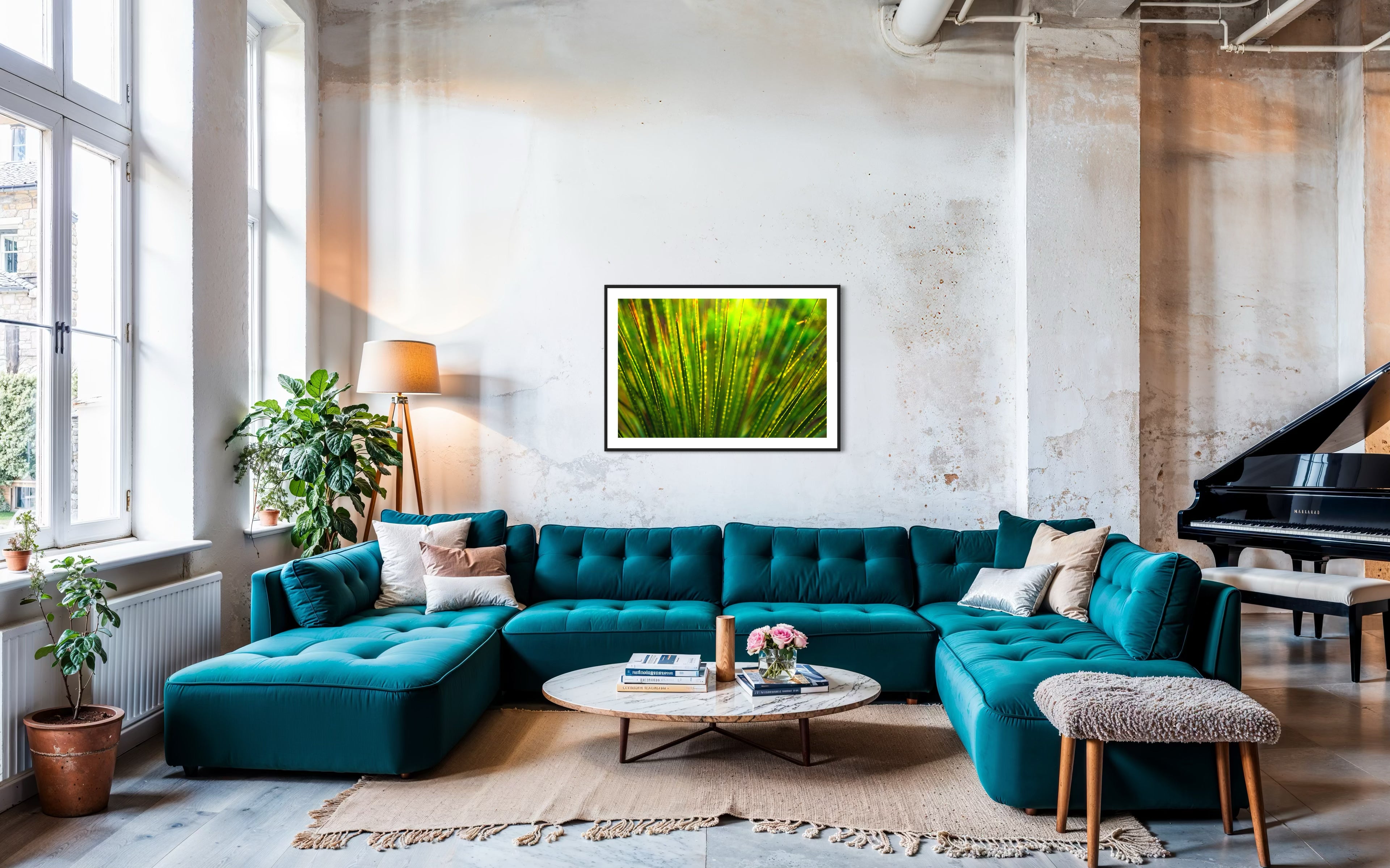 photo close up of Sotol plant backlit at dusk in black frame with white matte on concrete wall in  loft with big teal couch in old building