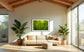 photo close up of Sotol plant backlit at dusk in black frame with white matte on white wall in Norwegian style  living room with white couch