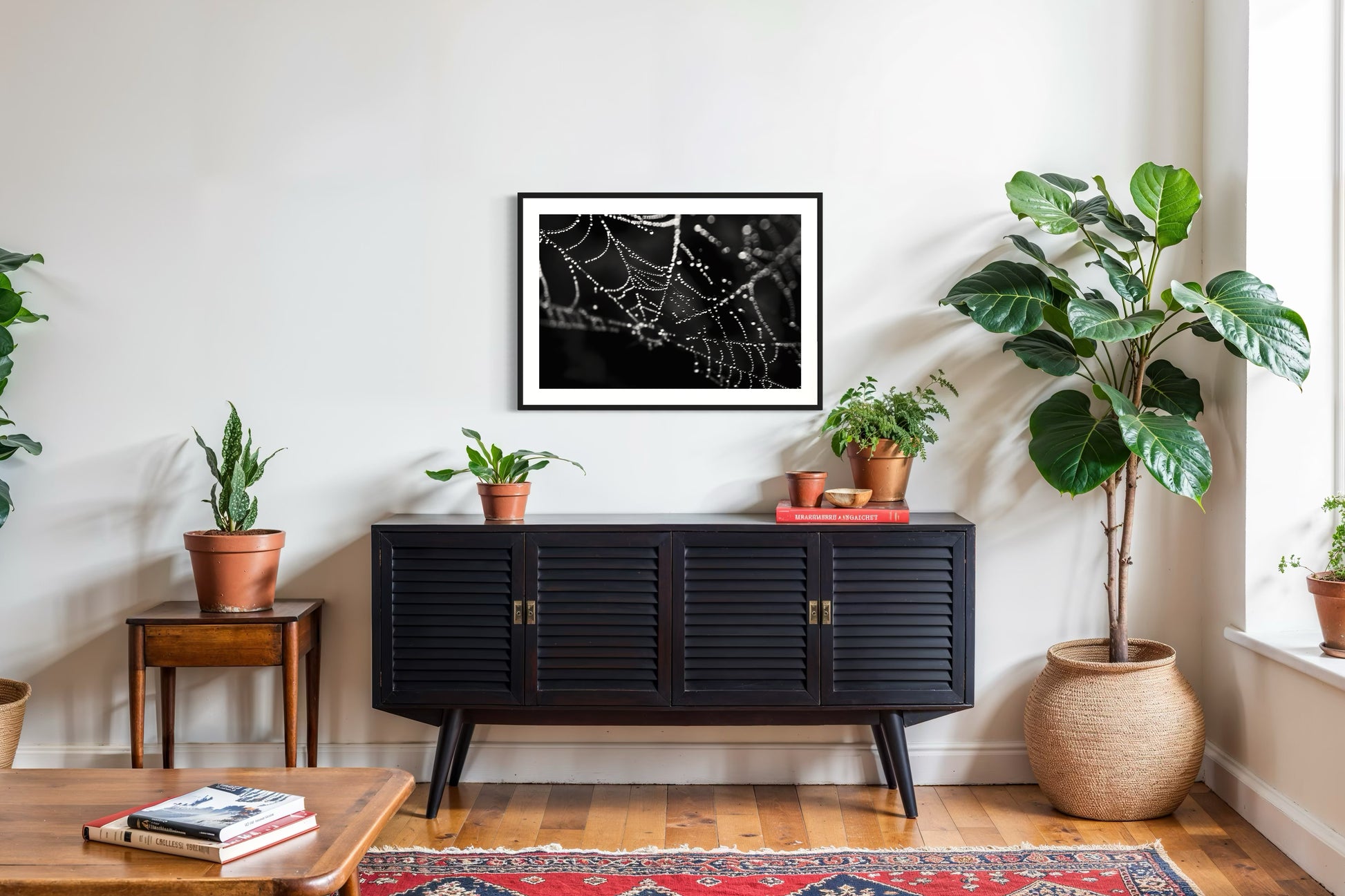 close up photo of rain drops on spider web in black and white in black frame with white matte on white wall above black piece of furniture 