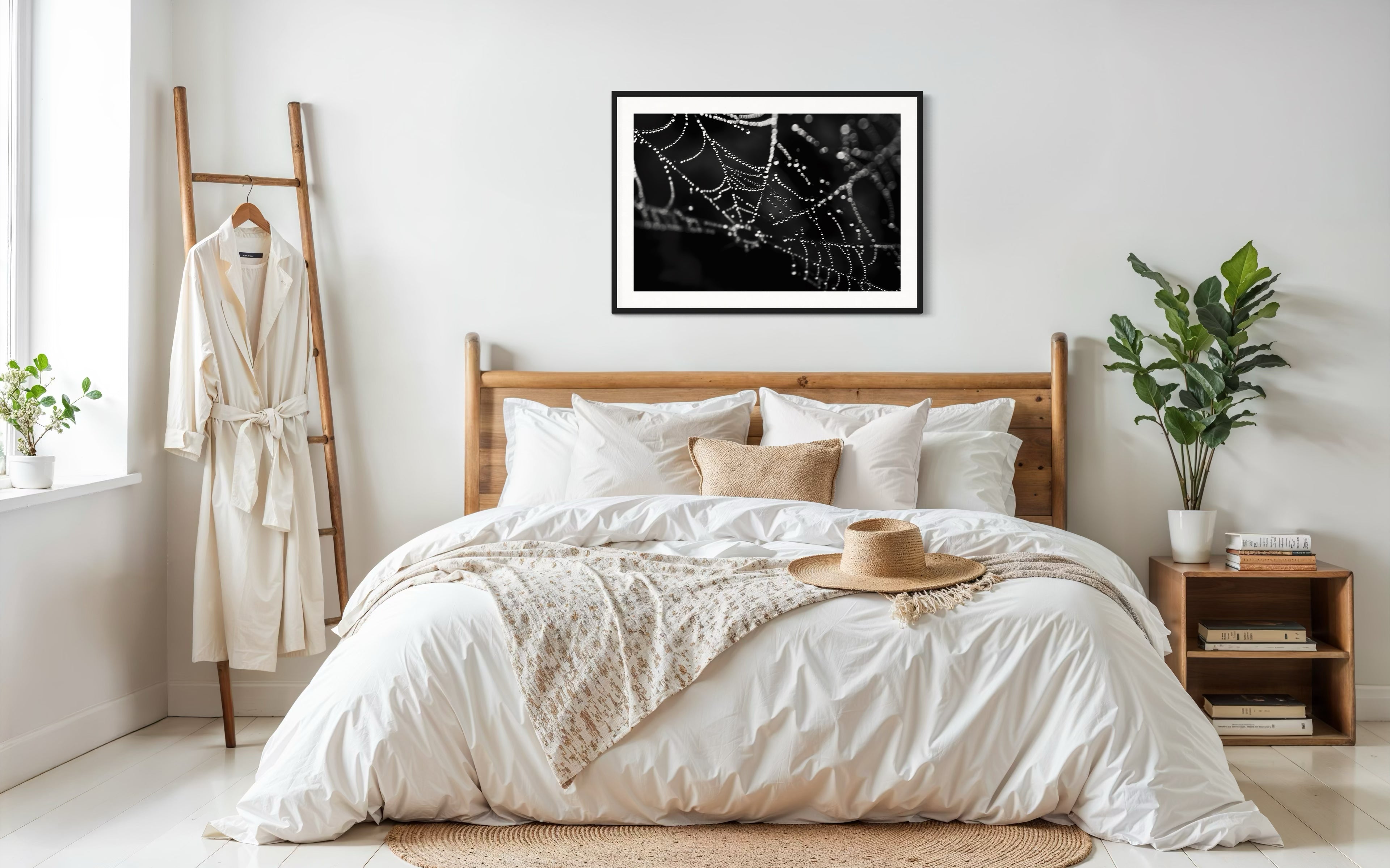 close up photo of rain drops on spider web in black and white in black frame with white matte on white wall in comfortable country style bedroom with  white and earth tones