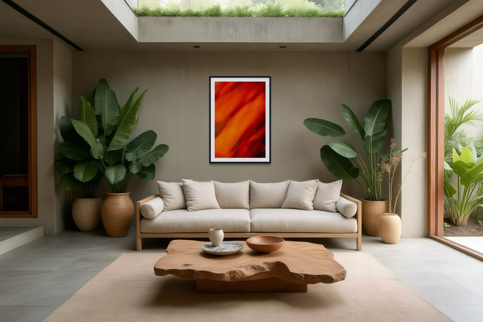 orange abstract with upward motion in black frame with white matte on tan wall above white couch with large plants on the sides