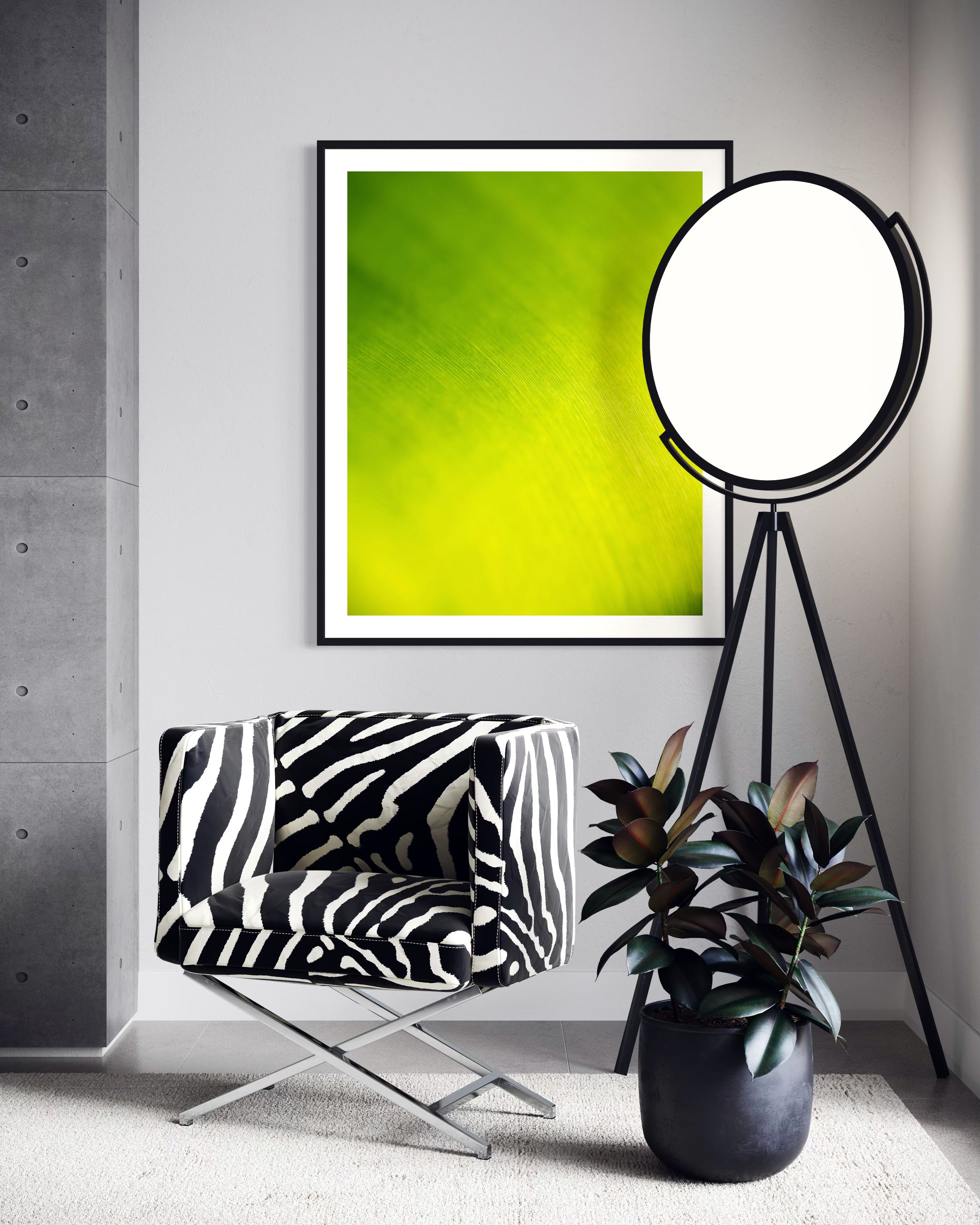 close up of large tropical leaf with the lines flowing like a waterfall in black frame with off white matte on white wall wall in sitting area zebra print chair and large round light on tripod legs