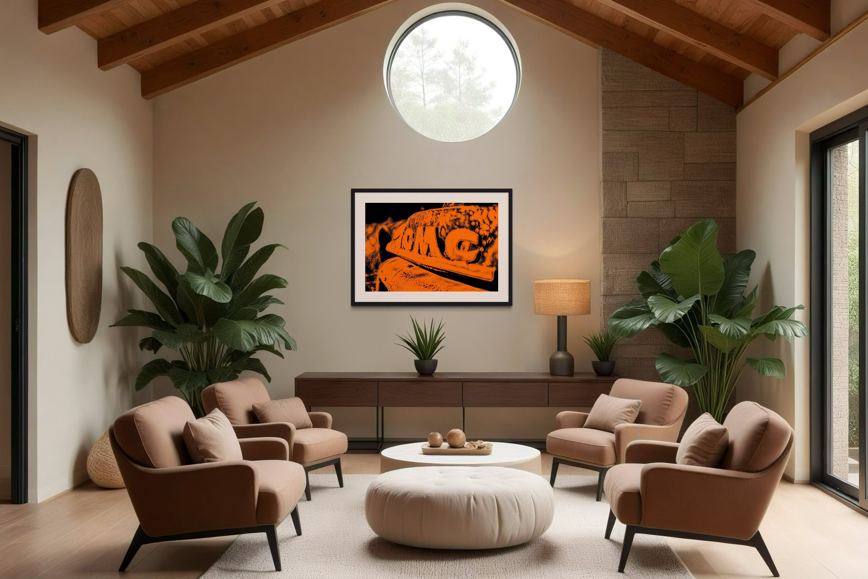 orange tone photo of front of old truck in black frame with white matte on tan wall in modern living room with exposed beams