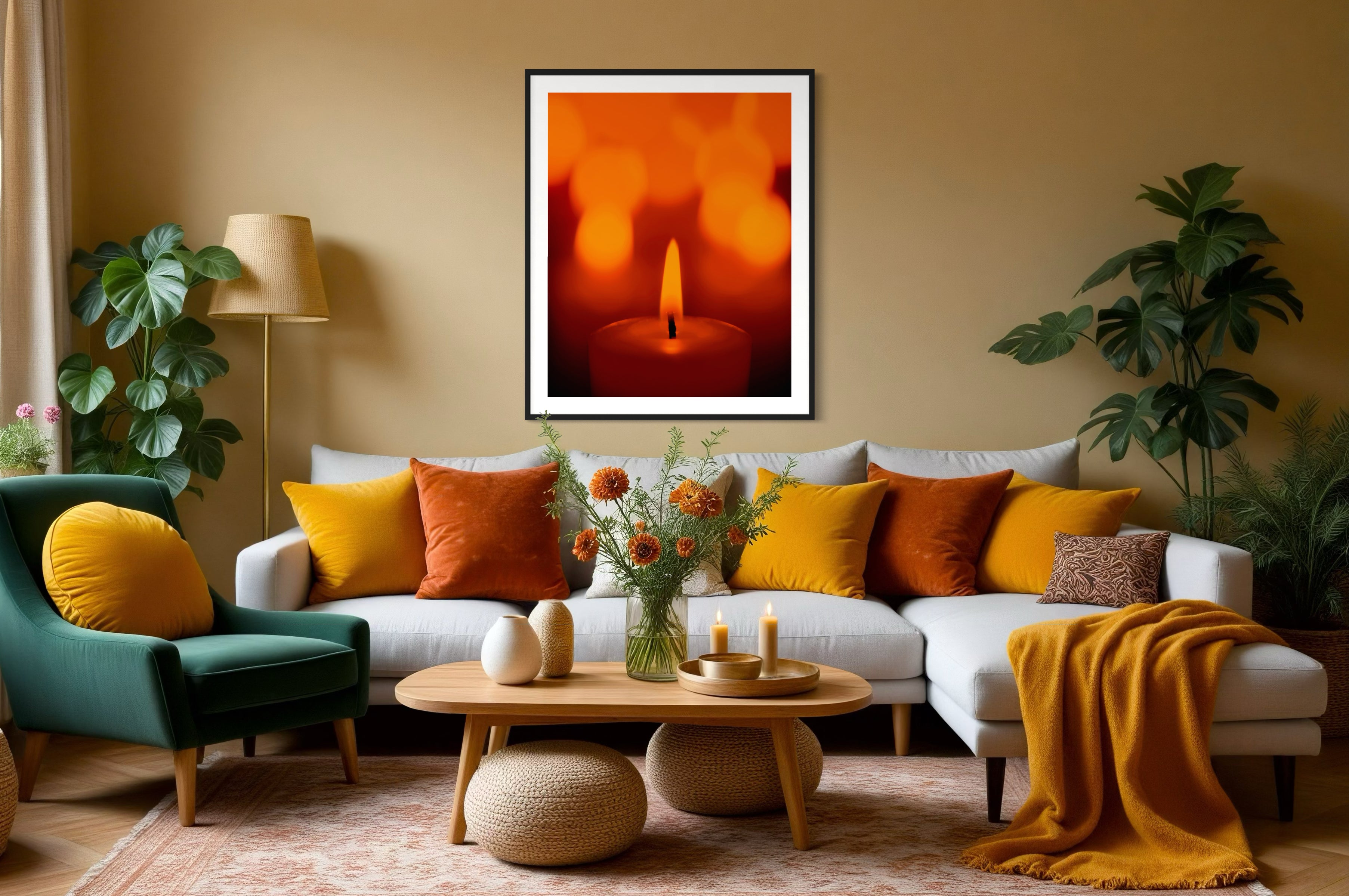 close up photo of single candle with other candles out of focus in the background in black frame with white matte on light orange wall in living room with fall colors and a few tall green plants