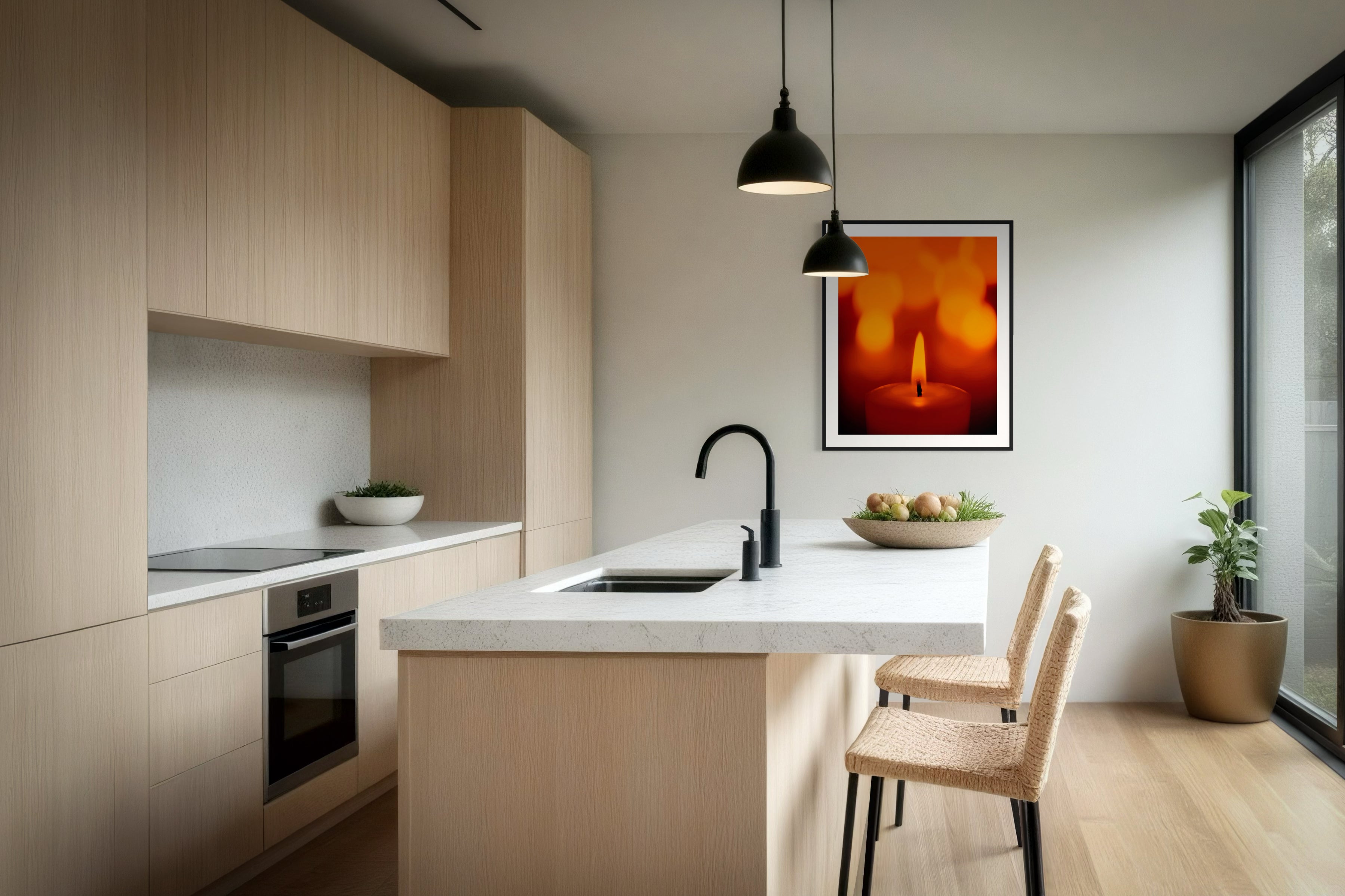 close up photo of single candle with other candles out of focus in the background in black frame with white matte on white wall in modern minimalist kitchen with tan and white tones