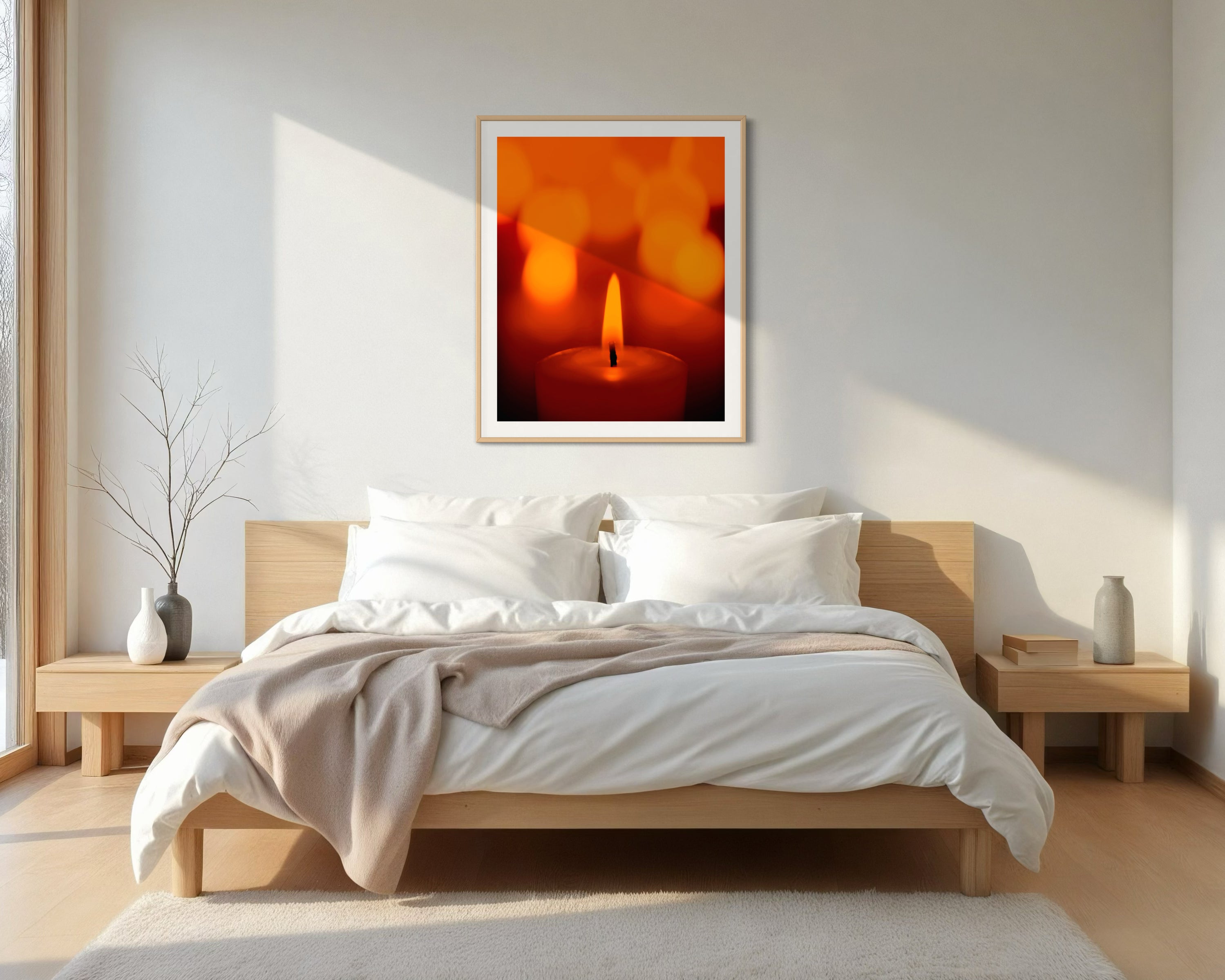 close up photo of single candle with other candles out of focus in the background in tan frame with off white matte on white wall in minimalist Scandinavian style bedroom