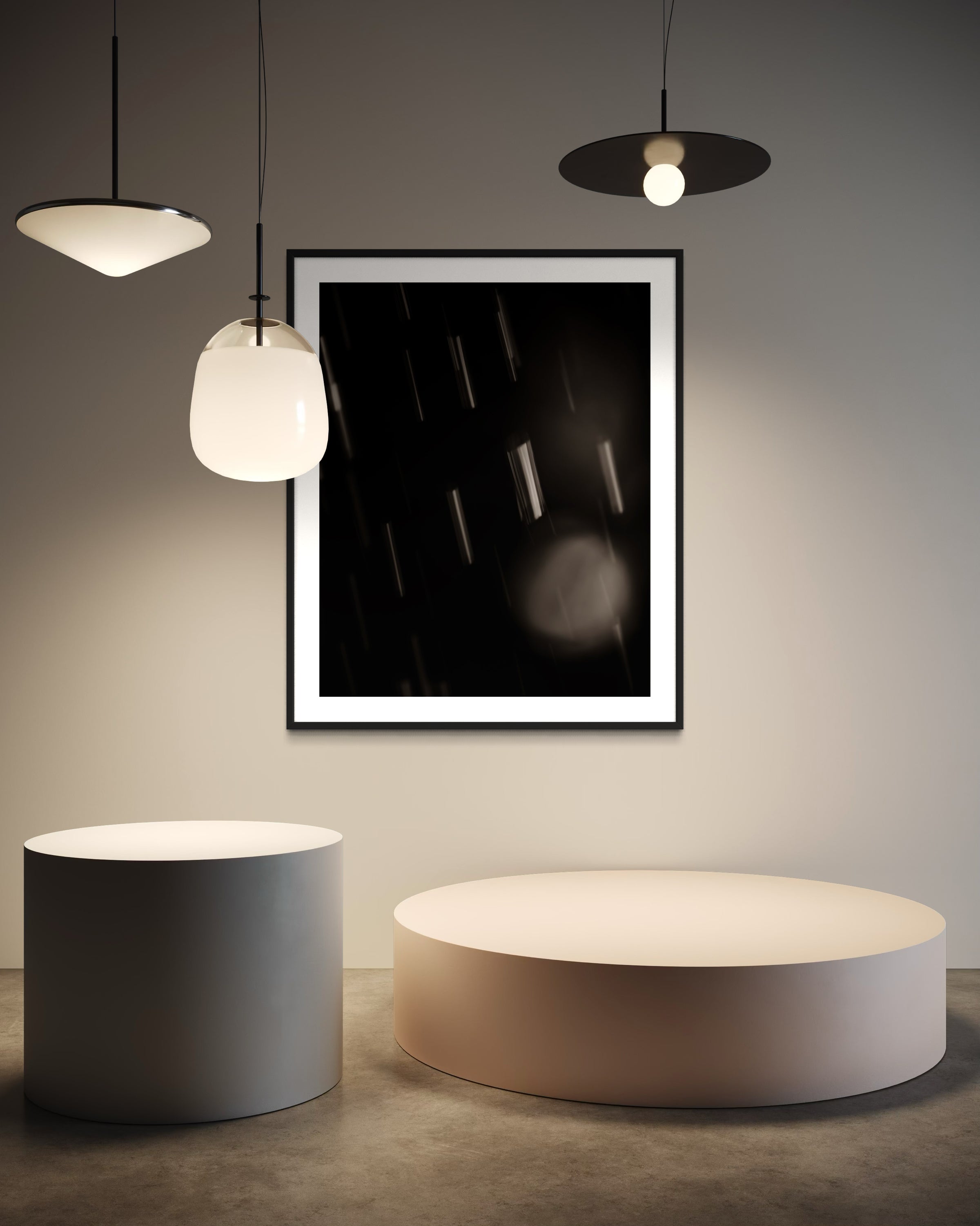 close up warm toned photo of streaks of rain in black frame with white matte on tan wall in modern sitting area 