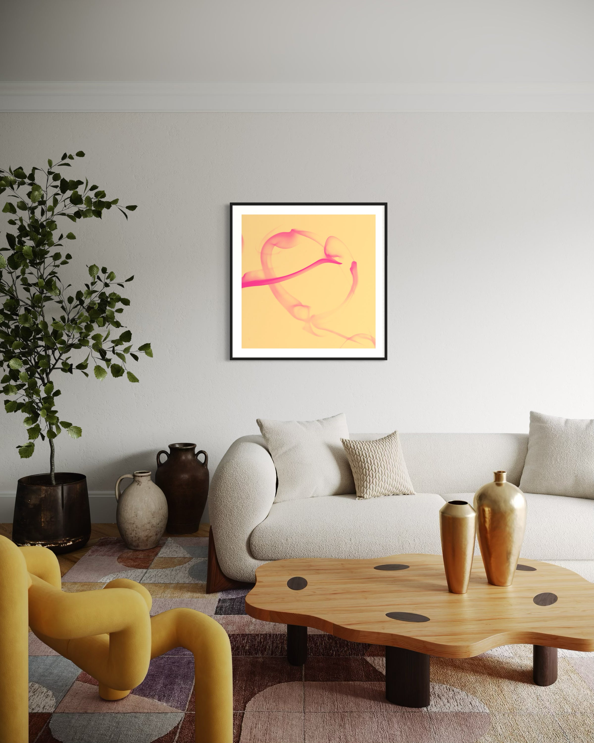 abstract pink heart in black frame with white matte on white wall in modern eclectic living room