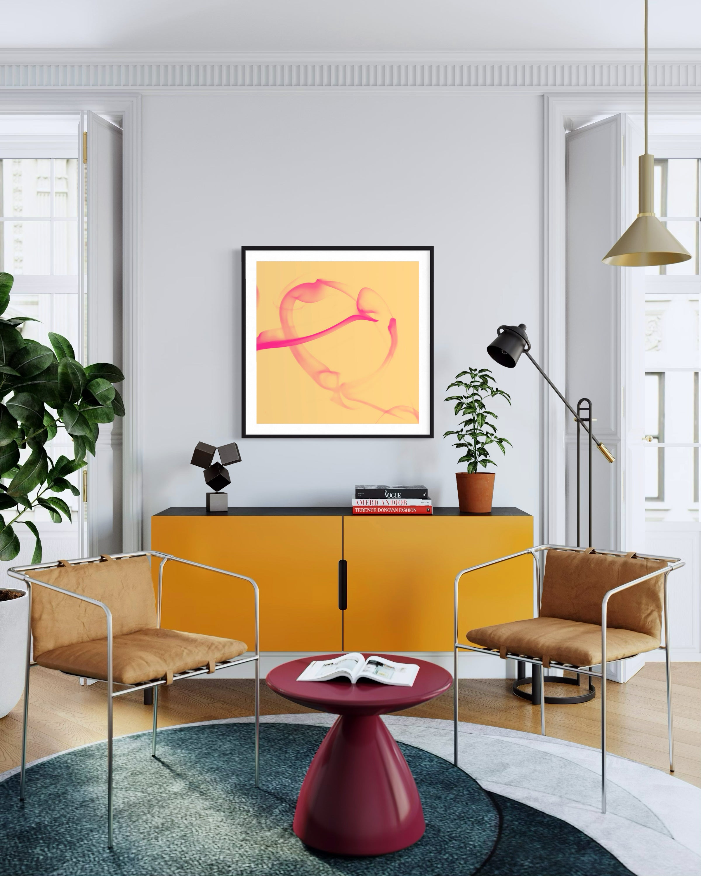 Modern living room with yellow cabinet, brown chairs, and abstract art on the wall.